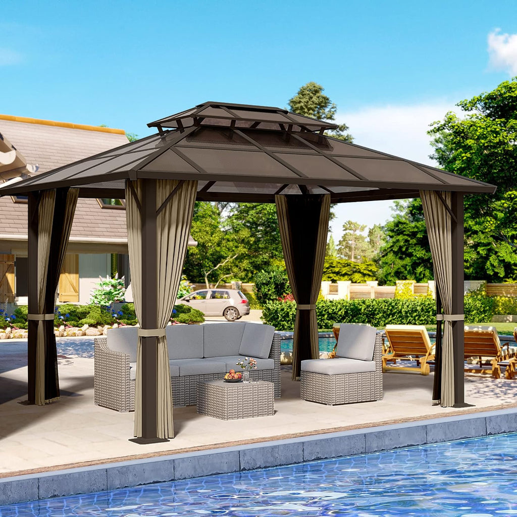 HAPPATIO Hardtop Gazebo, 10'x 12' Polycarbonate Double Roof Aluminum Furniture Gazebo, Outdoor Canopy with Netting and Curtains for Backyard, Patio, Parties, Lawns (Brown)