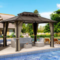 HAPPATIO Hardtop Gazebo, 10'x 12' Polycarbonate Double Roof Aluminum Furniture Gazebo, Outdoor Canopy with Netting and Curtains for Backyard, Patio, Parties, Lawns (Brown)