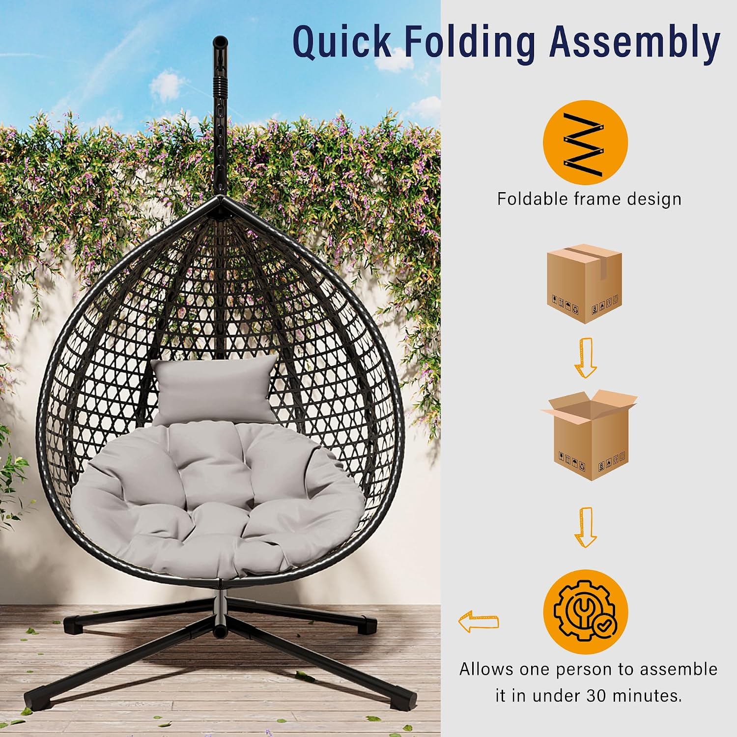 Indoor Outdoor Hammock Chair with Stand, Rattan Egg Hanging Swing Chair with Cushion for Balcony Bedroom Garden (Black+Gray)