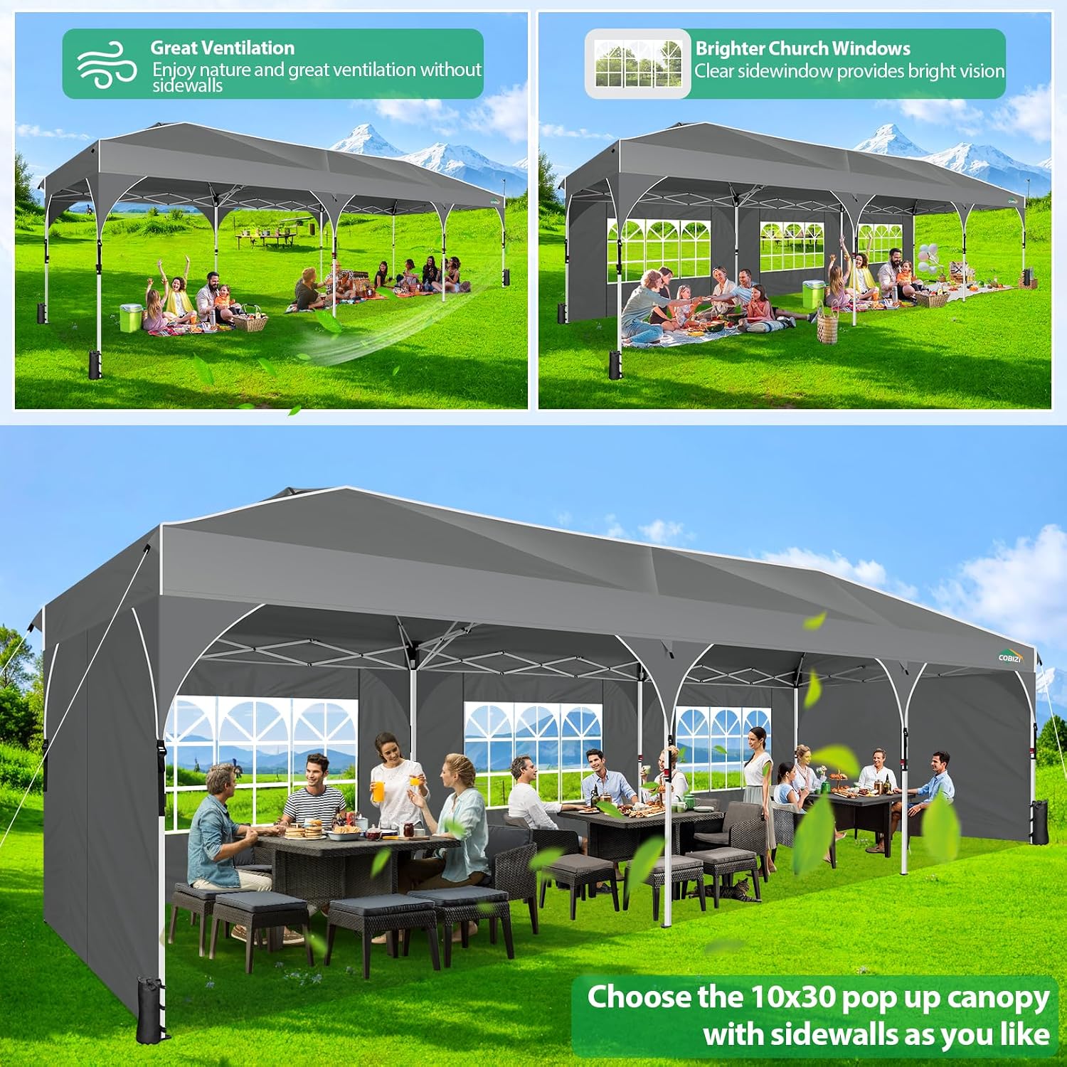 COBIZI 10x30 Pop Up Canopy Tent for Parties with 5 Sidewalls| Push Center Lock & Air Vent| Waterproof & UPF50+ |Gazebo Outdoor Tent for Party,Wedding,BBQ with 4 Sandbags, 8 Stakes & 16 Ropes,Grey