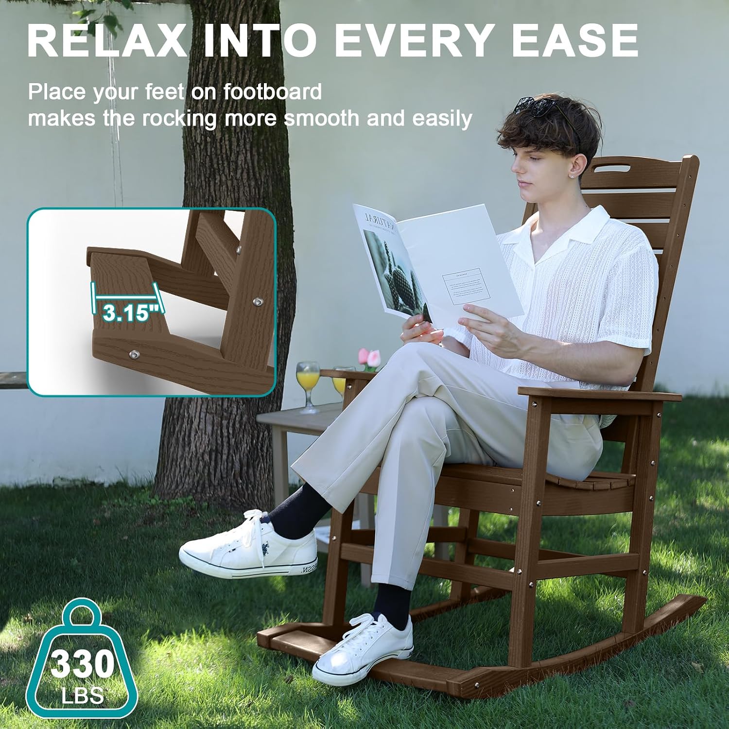 PLUUV Outdoor Rocking Chair with Removable Footboard for Adults, HDPE High Back Patio Rocking Chairs, 330lbs All Weather Porch Rocking Chairs for Outdoor & Indoor -Brown