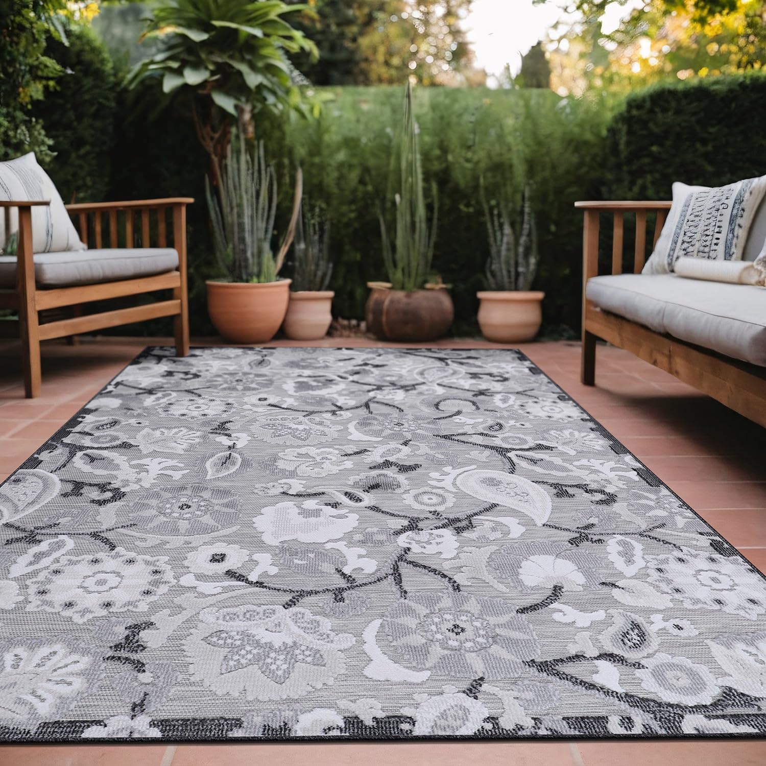 Luul Home Floral Indoor Outdoor Rugs 8x10 Large Area Rug for Living Room, Patio Decor, Kitchen, and Entryway Rug, Washable Stain Resistant Outside Carpet Gray 8 x 10