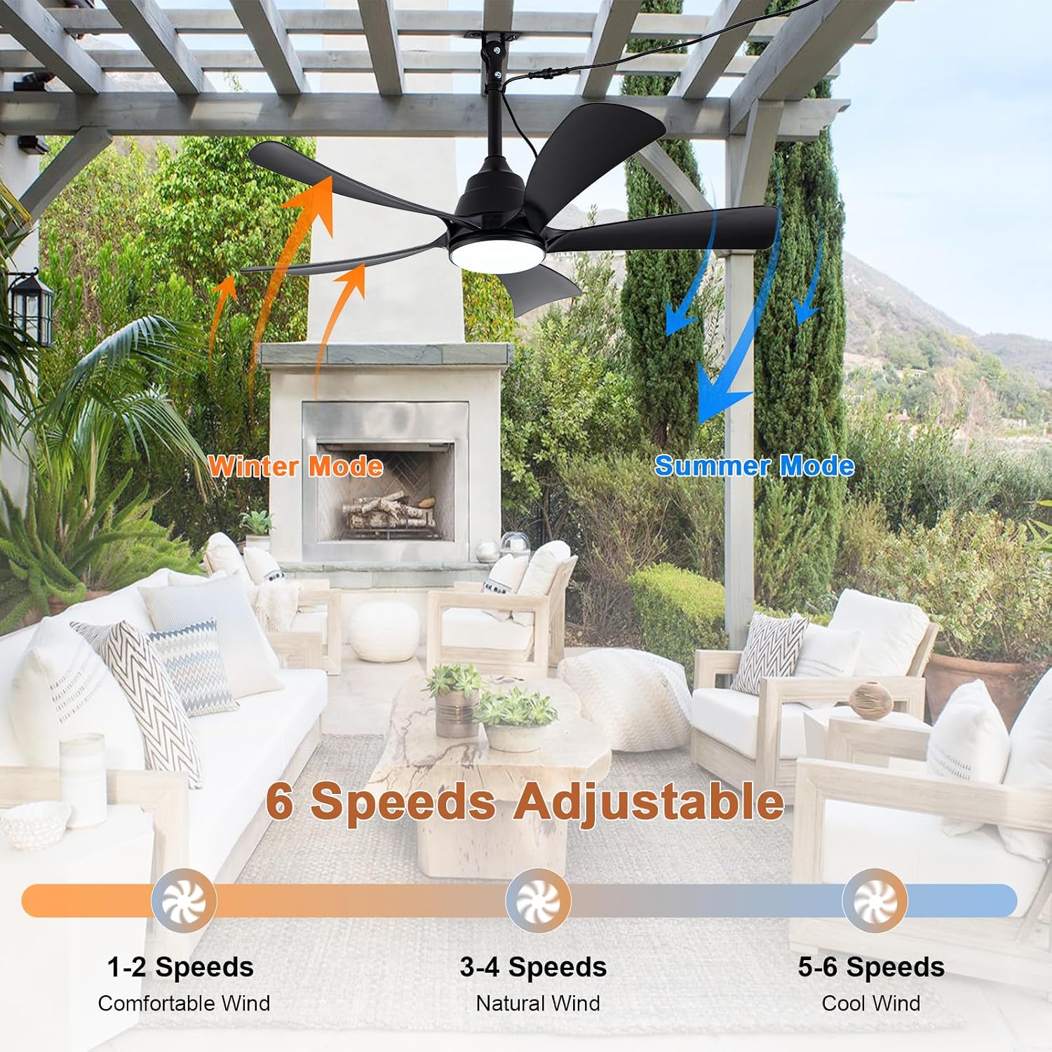 42'' Waterproof Outdoor Ceiling Fan with Lights IP65 Outdoor Gazebo Fan Wet Rated Hanging Plug in Ceiling Fan for Patio Pergola Porch Outside, APP Remote Control, Dimmable LED Lights