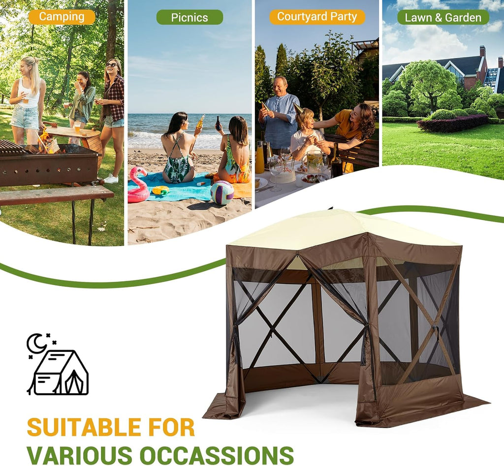 Hipicute Pop Up Gazebo,10 X 10 Ft Portable Outdoor Camping Pop Up Canopy Screen Tent with Mosquito Netting Gazebo,Waterproof 6 Sidewalls,Ground Stakes,Carry Bag for Lawn, Garden, Backyard(Brown)