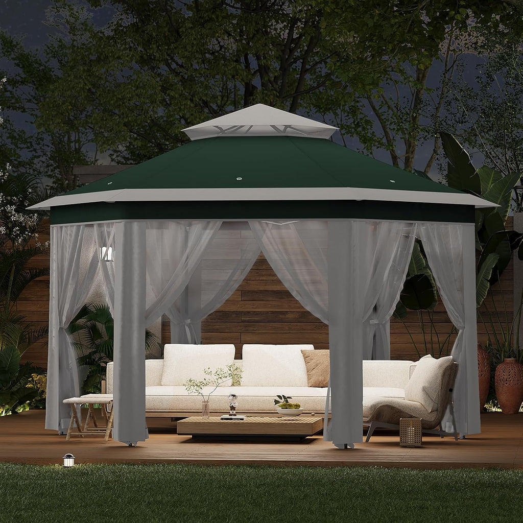 13'x13' Pop Up Gazebo with Mosquito Netting, Canopy Tent with Portable Carry Bag, Outdoor Gazebo for Backyard & Patio Furniture, Double-Layer Outdoor Pergola for Lawn, Garden, Green