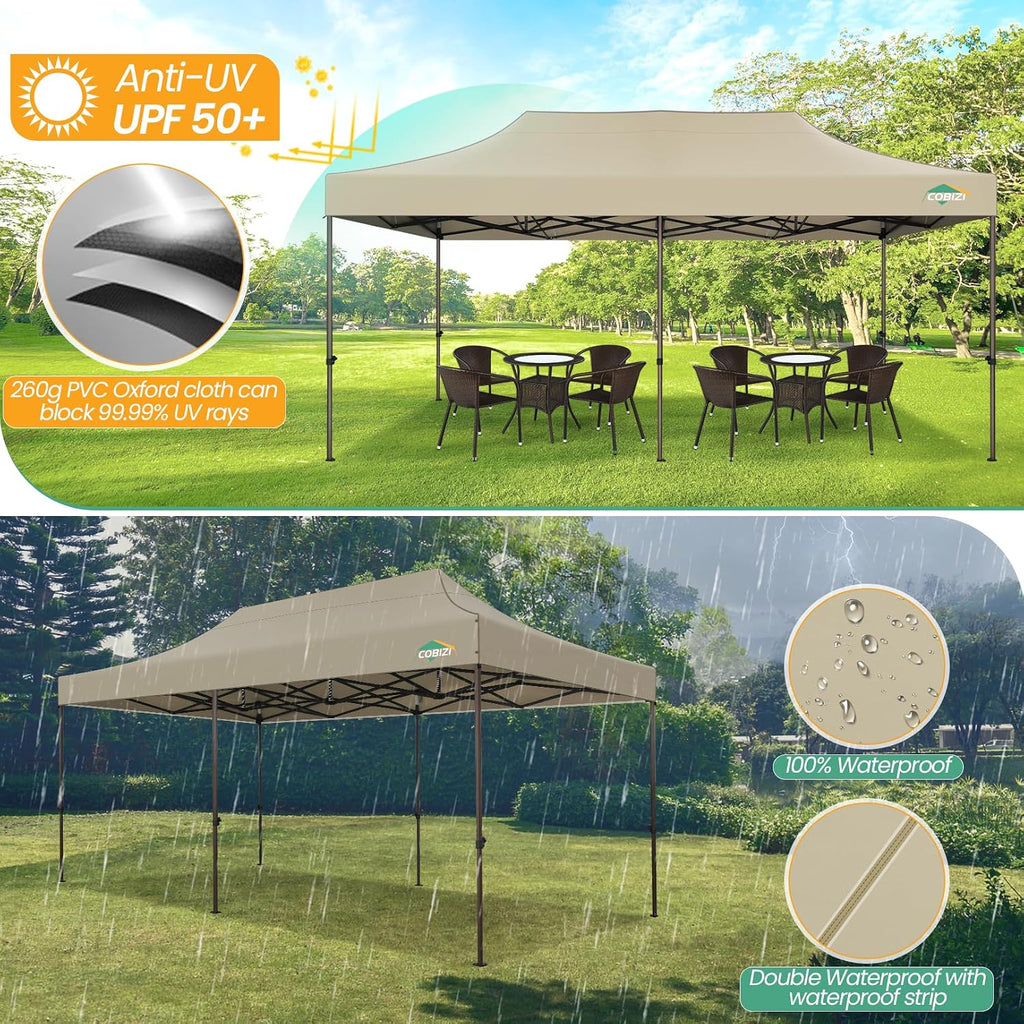 COBIZI 10x20 Pop up Canopy Without Sidewall Heavy Duty Commercial Outdoor Gazebo Easy Up Wedding Party Tents for Parties with Roller Bag, All Season Wind & Waterproof UPF50+(Upgrade Hexagonal Tube)