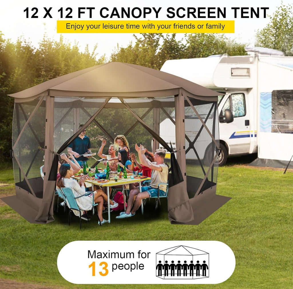 COBIZI Pop Up Gazebo Screen Tent Screen House for Camping, 12x12 Screen Room with Mosquito Netting, Hub Tent Instant Screened Canopy with Carrying Bag and Ground Stakes, Brown