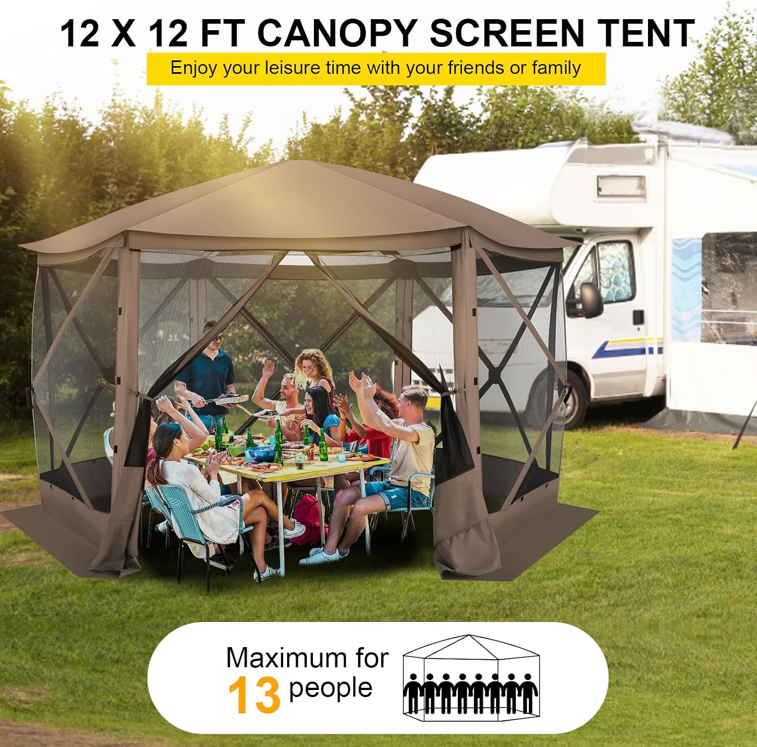 COBIZI Pop Up Gazebo Screen Tent Screen House for Camping, 12x12 Screen Room with Mosquito Netting, Hub Tent Instant Screened Canopy with Carrying Bag and Ground Stakes, Brown