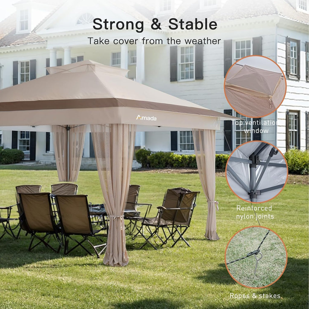 Amada 13x13 Pop Up Gazebo for Backyard & Patio Furniture,Gazebos on Clearance with Wheeled STO-N-Go Cover Bag,Carpa Pop Up Tent Party Tent and Shelter with Mosquito Netting for Lawn,Garden,Deck,Khaki