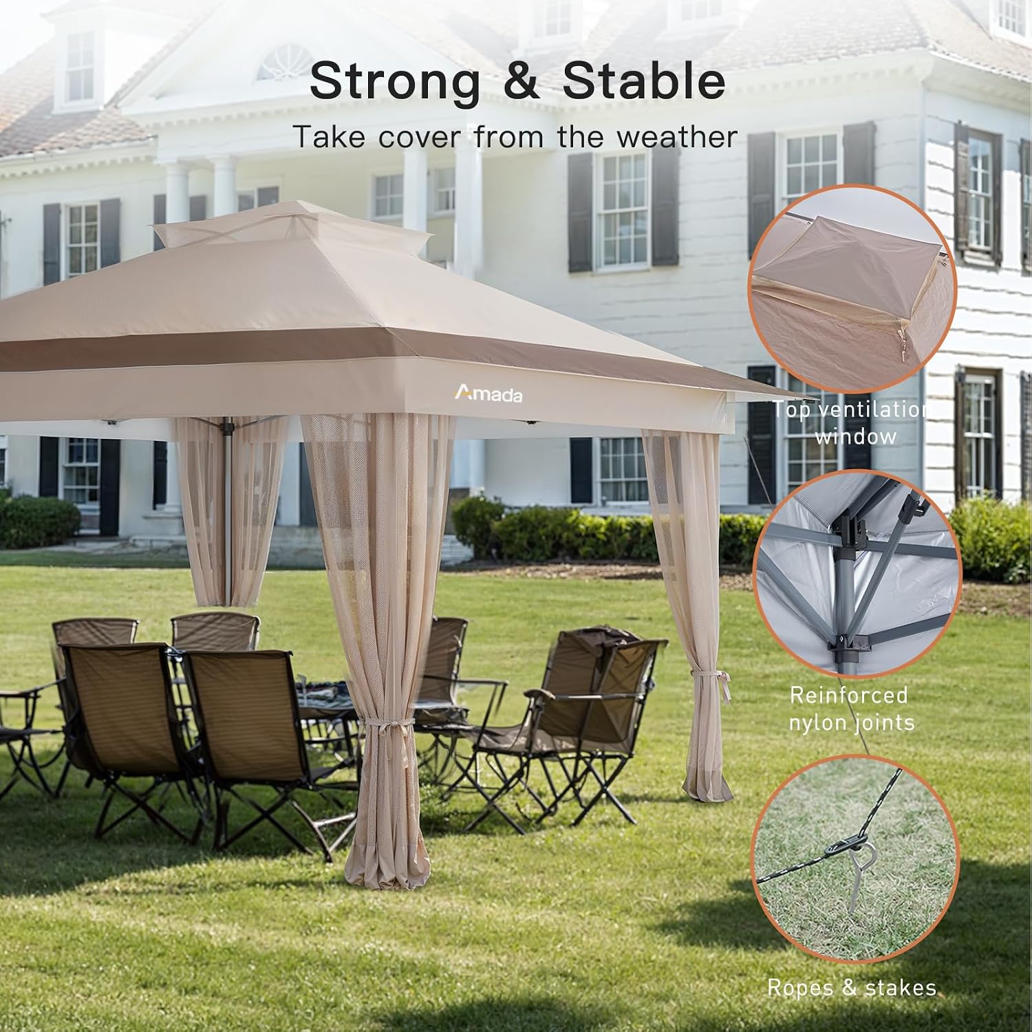 Amada 13x13 Pop Up Gazebo for Backyard & Patio Furniture,Gazebos on Clearance with Wheeled STO-N-Go Cover Bag,Carpa Pop Up Tent Party Tent and Shelter with Mosquito Netting for Lawn,Garden,Deck,Khaki
