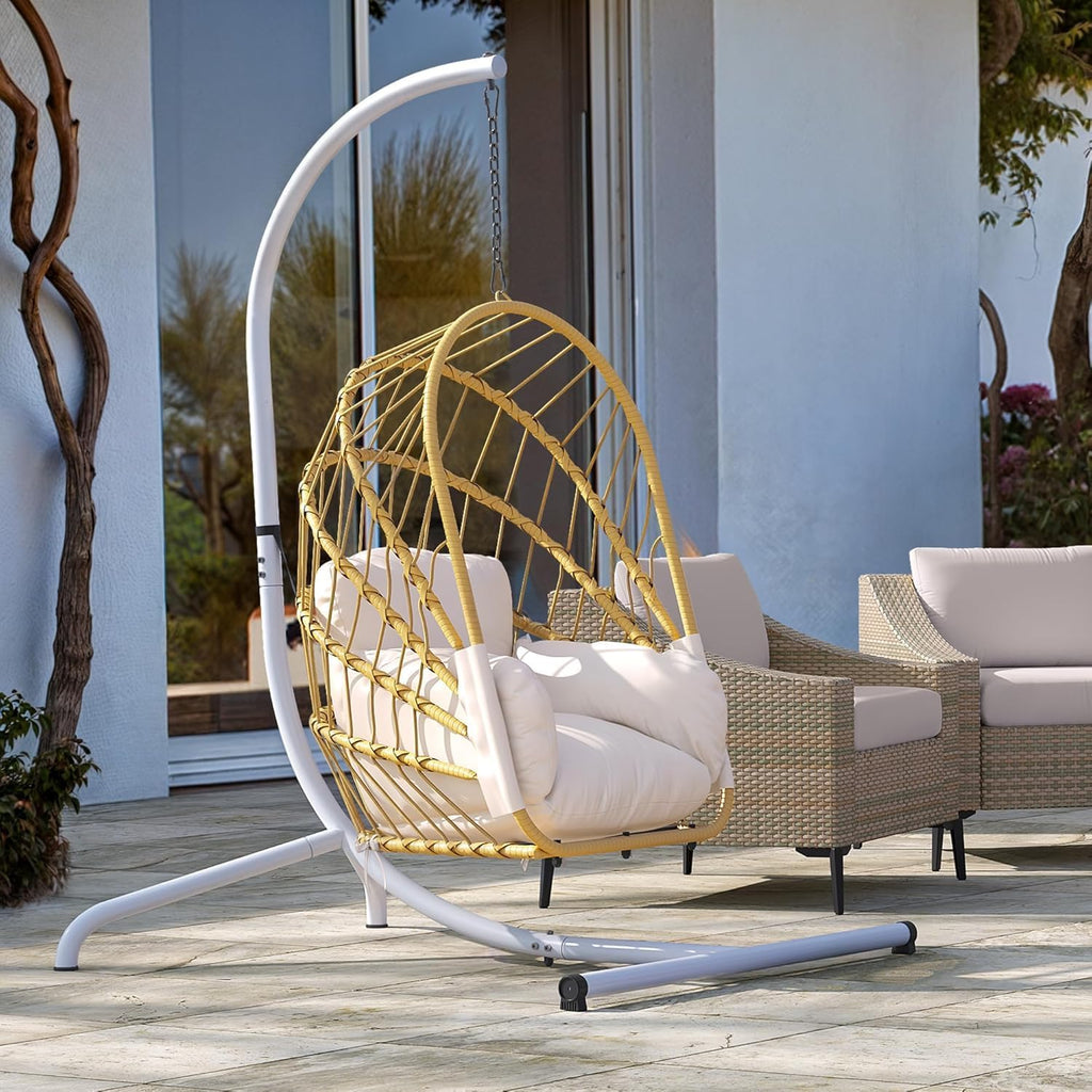 YITAHOME Hanging Egg Chair with Stand, Rattan Wicker Swing Egg Chair with Resistant Cushion, 350lbs Capacity, Foldable Hanging Rattan Basket Chair for Porch, Garden, Bedroom, Balcony, Beige