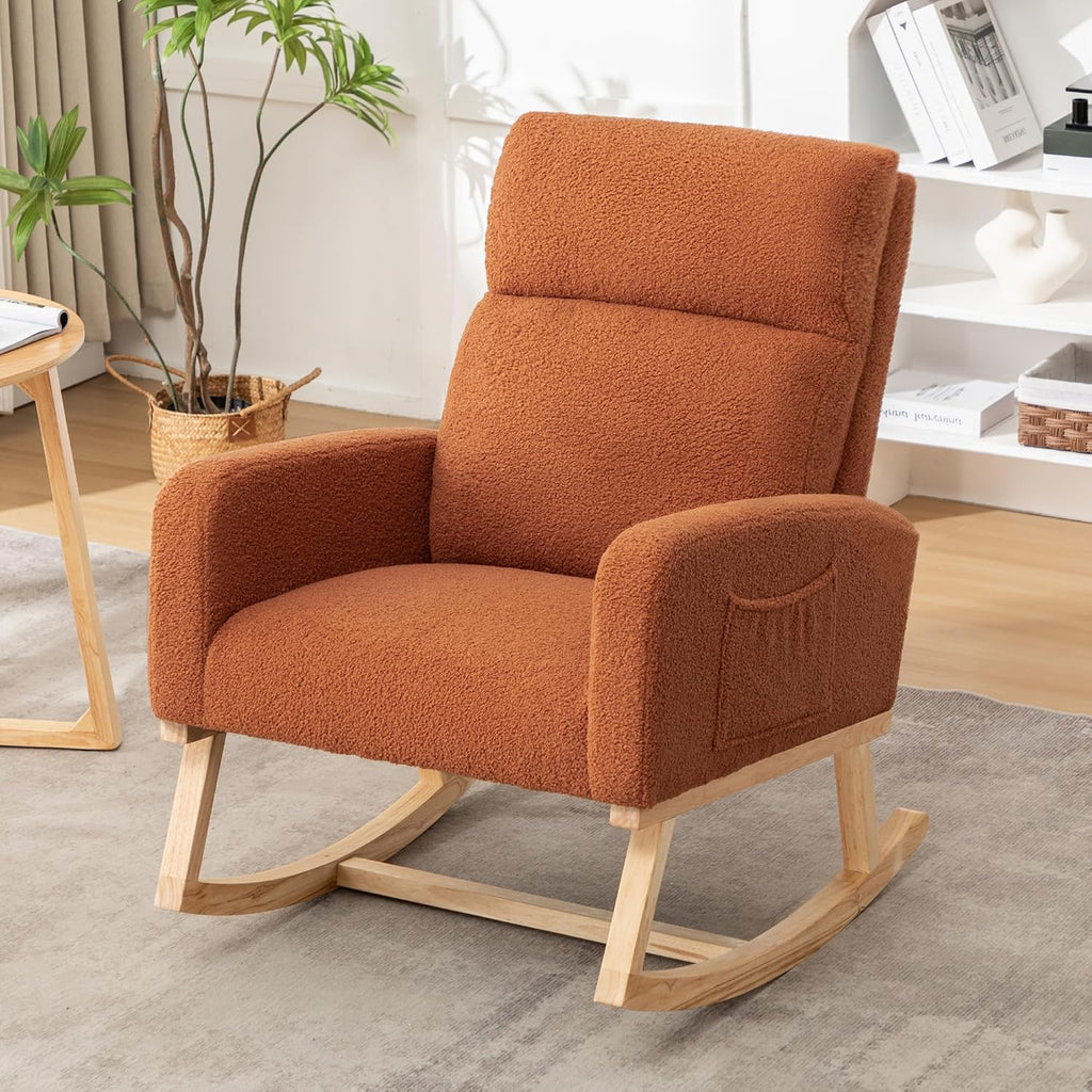 Rocking Chair Nursery, Rocker Nursing Chairs for Breastfeeding with Wood Legs and Side Pocket, Comfortable Glider Roking Chair for Nursery, Living Room, Bedroom,Teddy, Brown