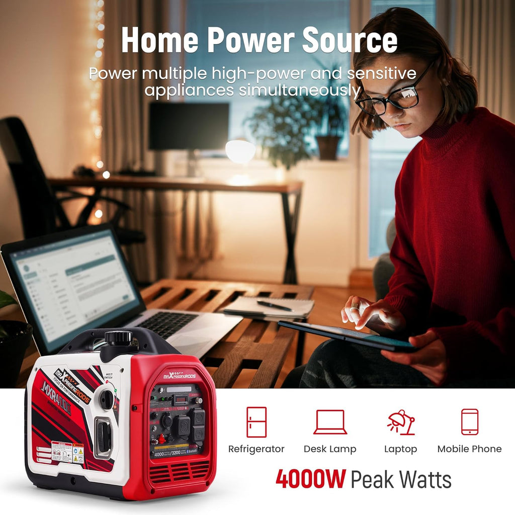 maXpeedingrods 4000 Watt Portable Inverter Generator Gas Powered, with CARB Compliant, App Remote Data Monitor, Compact and Lightweight for Outdoor Camping, Family Power Failure in Extreme Weather