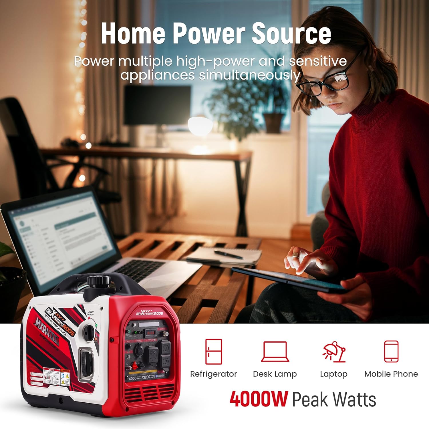 maXpeedingrods 4000 Watt Portable Inverter Generator Gas Powered, with CARB Compliant, App Remote Data Monitor, Compact and Lightweight for Outdoor Camping, Family Power Failure in Extreme Weather