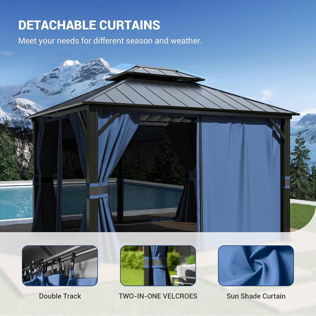 Amopatio 10' X 12' Hardtop Gazebo, Aluminum Gazebo with Double Galvanized Steel Roof, Curtains and Netting Included,Outdoor Metal Pergola for Patios, Garden, Parties, Lawns（Blue