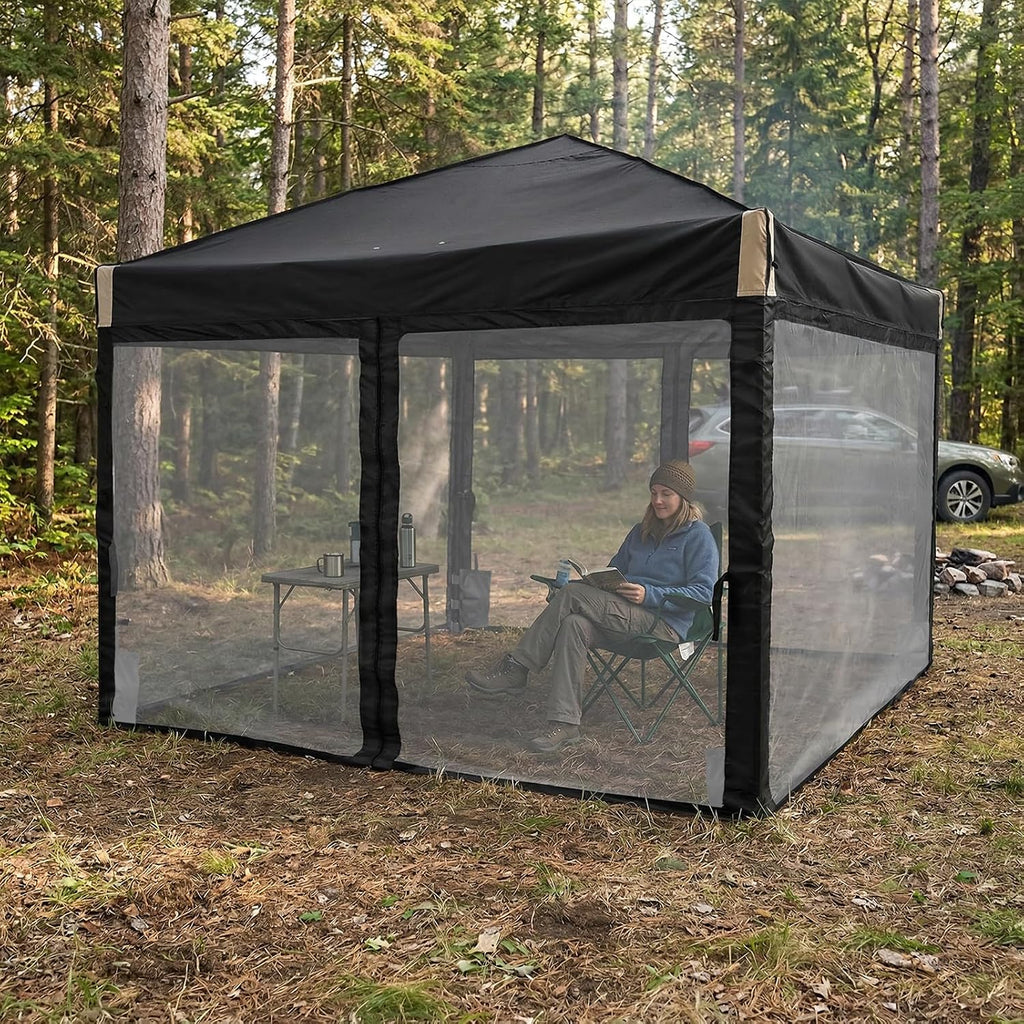 Aoodor 12x12 Ft Pop Up Canopy Tent with Netting, Water-Resistant 210D Oxford Fabric Shade, Easy Assembly Commercial Gazebo with Wheeled Carry Bag & 4 Sand Bags for Camping, Party, Black