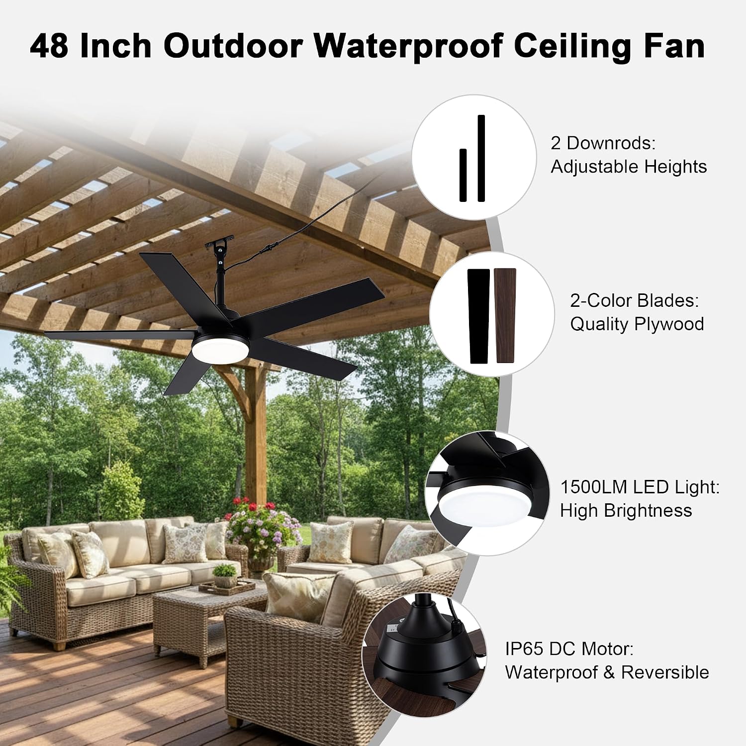 48' Waterproof Outdoor Ceiling Fan with Light IP65 Wet Rated Gazebo Fan Outdoor Hanging Plug in Ceiling Fan for Patios Porch Indoor Outdoor, APP Remote Control 3CCT LED Reversible 6 Speeds