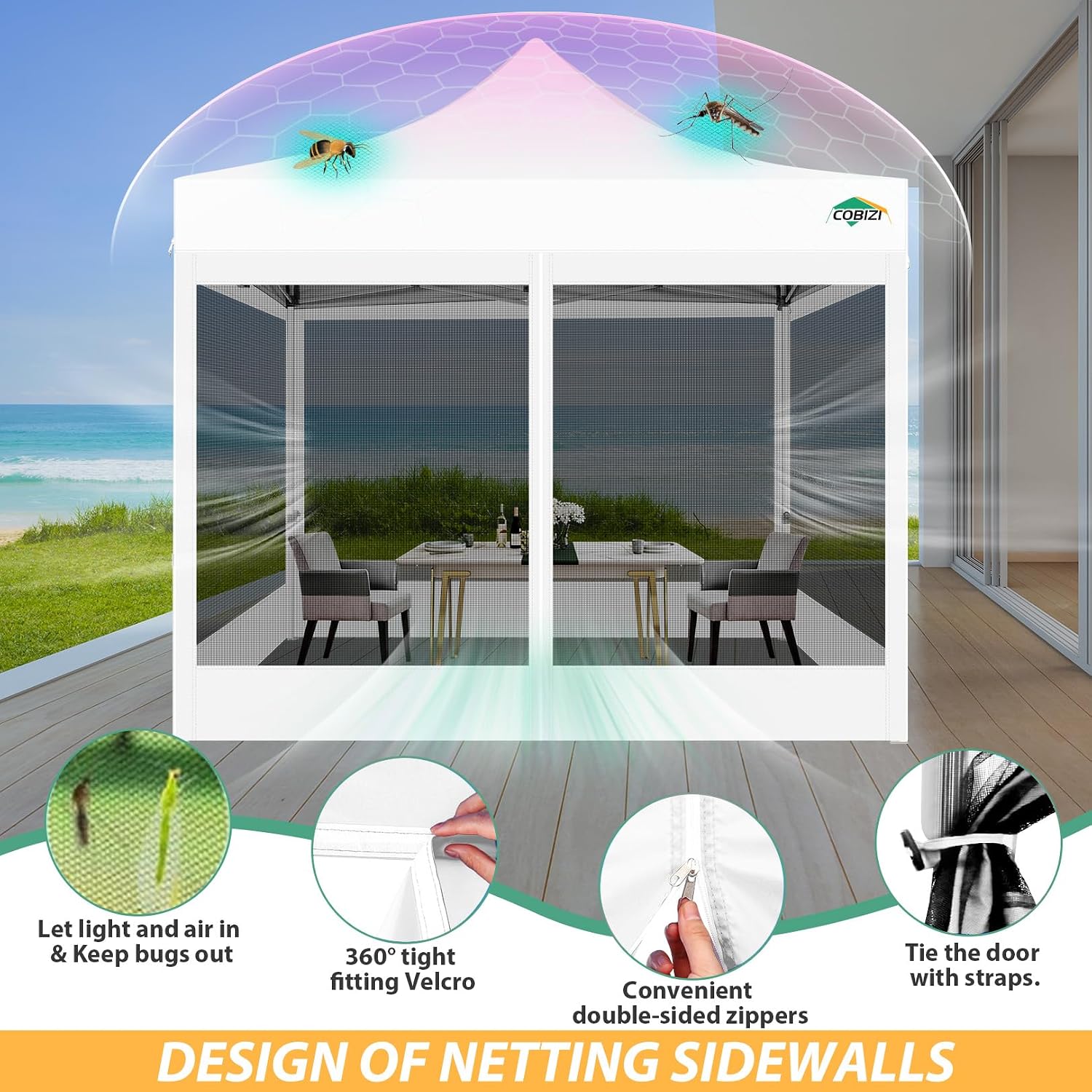 COBIZI 10x10 Pop up Gazebos with 4 Mosquito Netting Sidewalls,Heavy Duty Pop up Canopy Tent for Party,Outdoor Camping,Lawn and Backyard,Easy Set up Screen Tents with Handbag,White