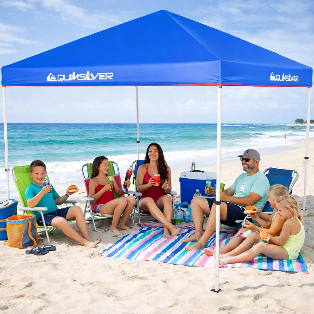 QUIKSILVER Blue 10x10 Pop Up Canopy Shade Tents for Outdoors - Foldable Gazebo Tent, Portable Shade for Yards, Beach, Parties Also Includes a Wheeled Carry Bag
