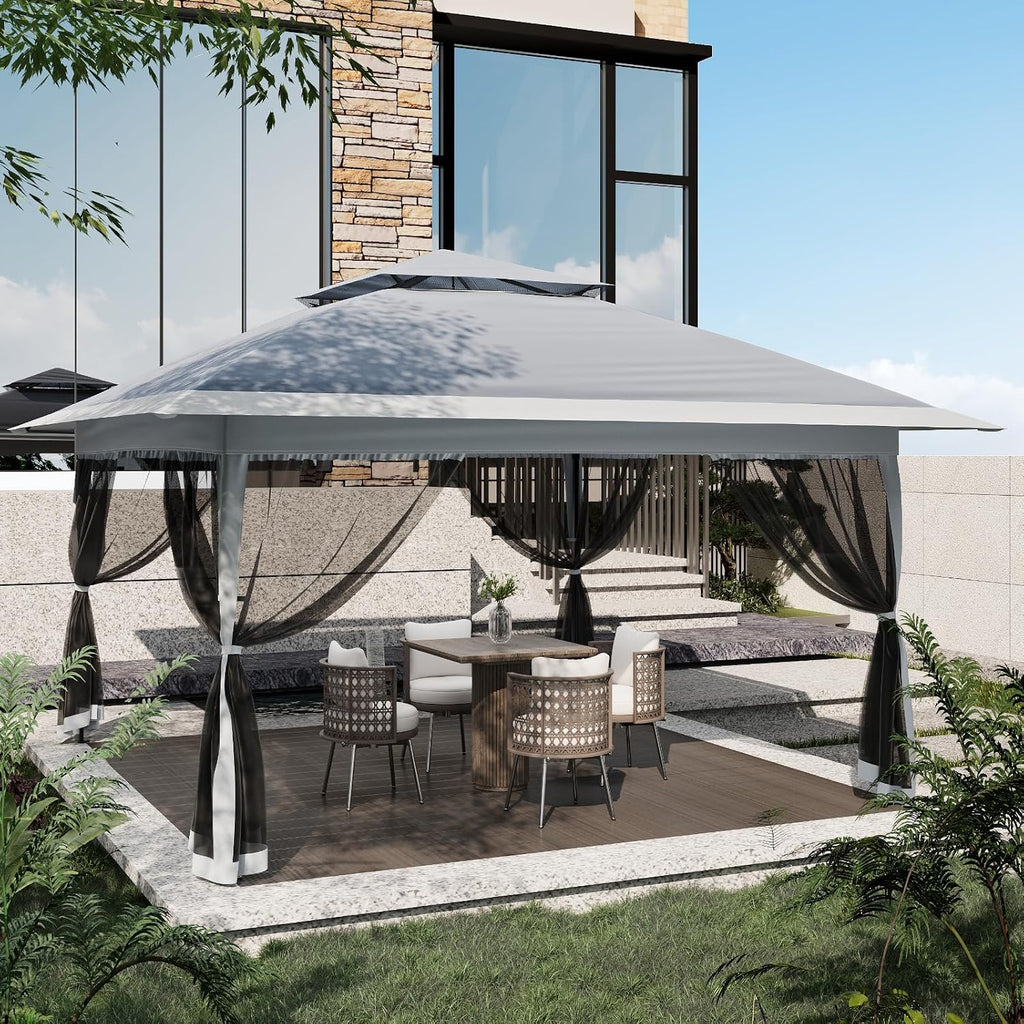 Pop-Up Gazebo, 13 x 13 ft Canopy Tent, Patio Canopy Shelter, Instant Easy Set Up, Waterproof and UV-Resistant Proof, 4 Mosquito Mesh Nettings, Adjustable Height, Wheeled Carring Bag, Backyard Gazebos