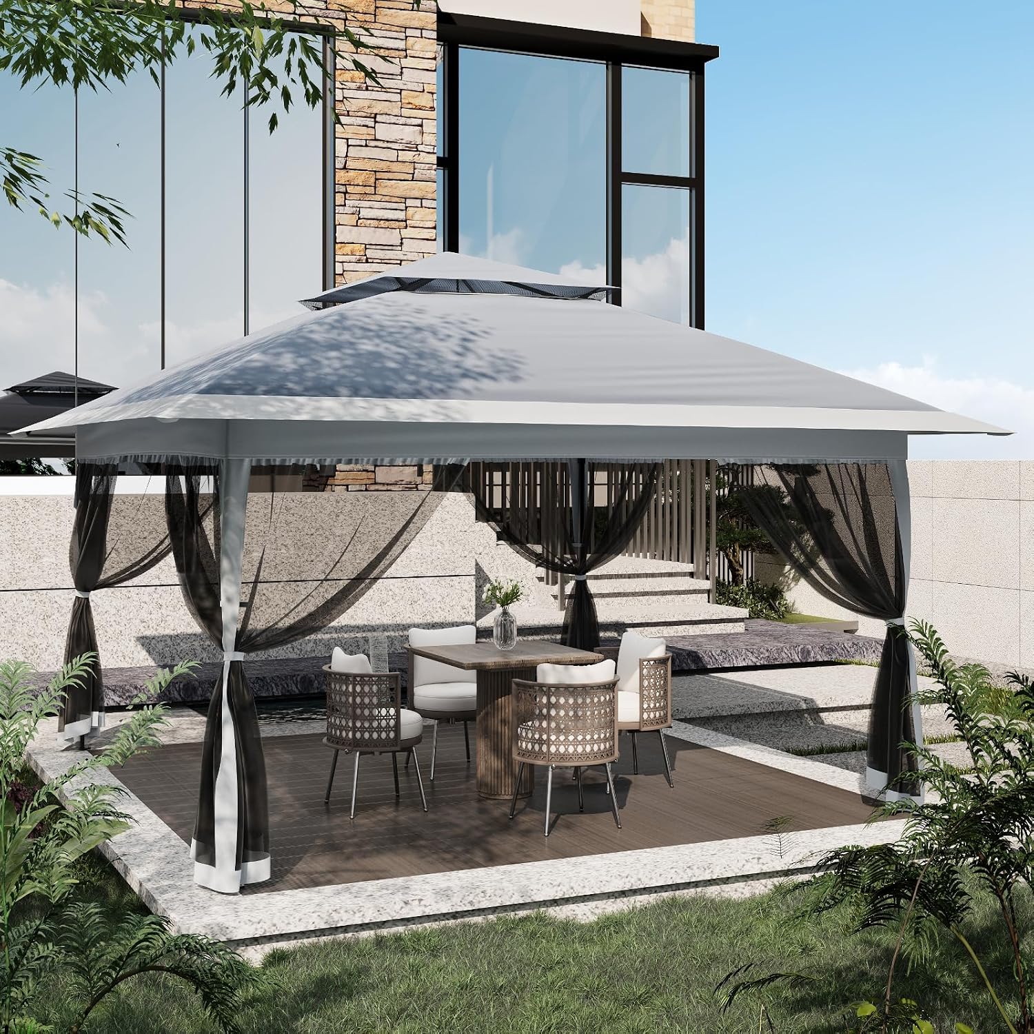 Pop-Up Gazebo, 13 x 13 ft Canopy Tent, Patio Canopy Shelter, Instant Easy Set Up, Waterproof and UV-Resistant Proof, 4 Mosquito Mesh Nettings, Adjustable Height, Wheeled Carring Bag, Backyard Gazebos