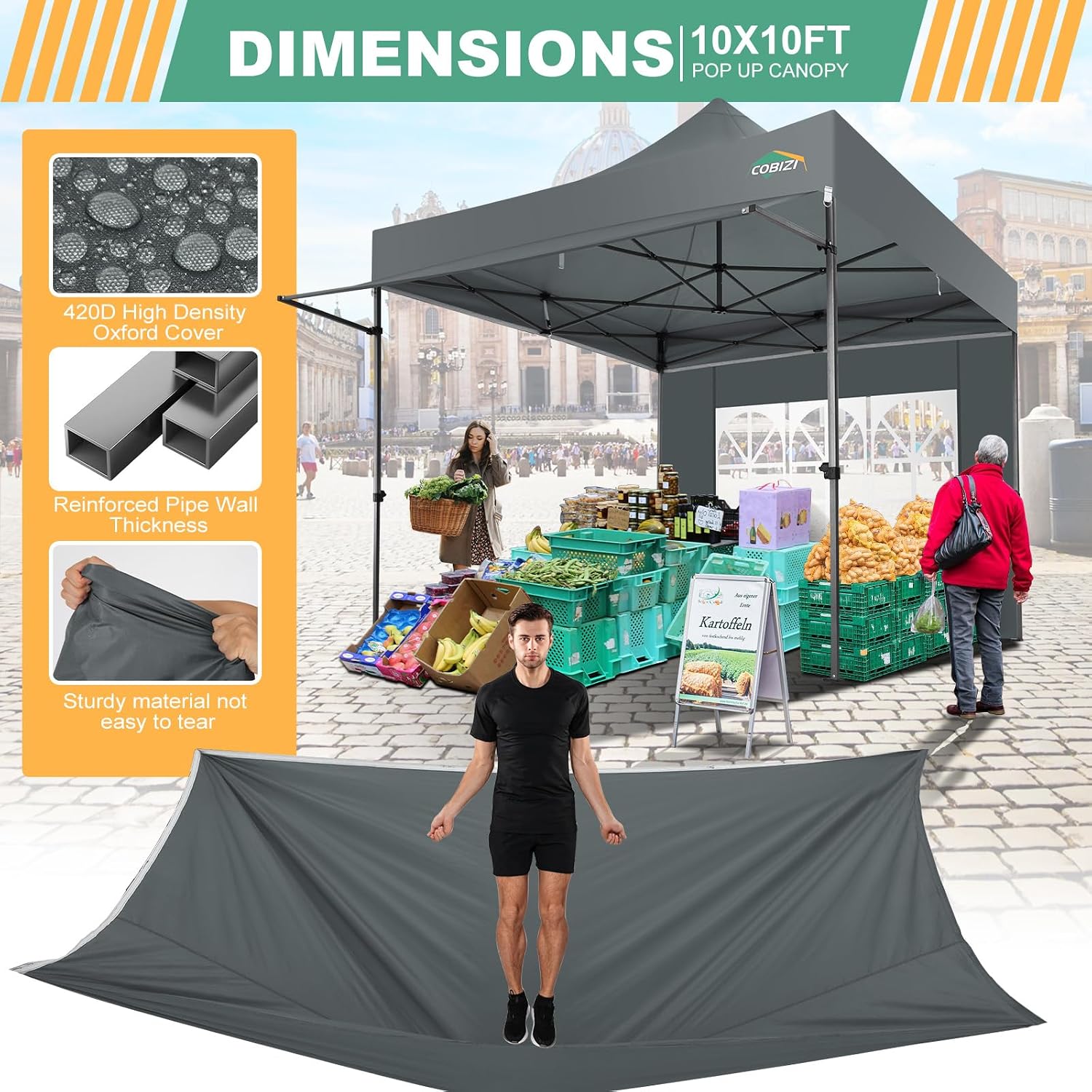 COBIZI 10x10 Pop Up Canopy Tent with Awning & Sidewalls, Heavy Duty Commercial 10X10 Canopy Tents Instant Waterproof, UPF 50+ Sun Shade for Outdoor, Parties, Markets (Gray)