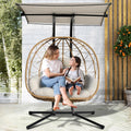 Double Egg Swing Chair With Stand & Adjustable Canopy, Outdoor Indoor Hanging Egg Chair, Handwoven Pe Rattan Loveseat With Uv-Resistant Cushions, 680Lbs Capacity For Patio, Garden, Balcony (White)