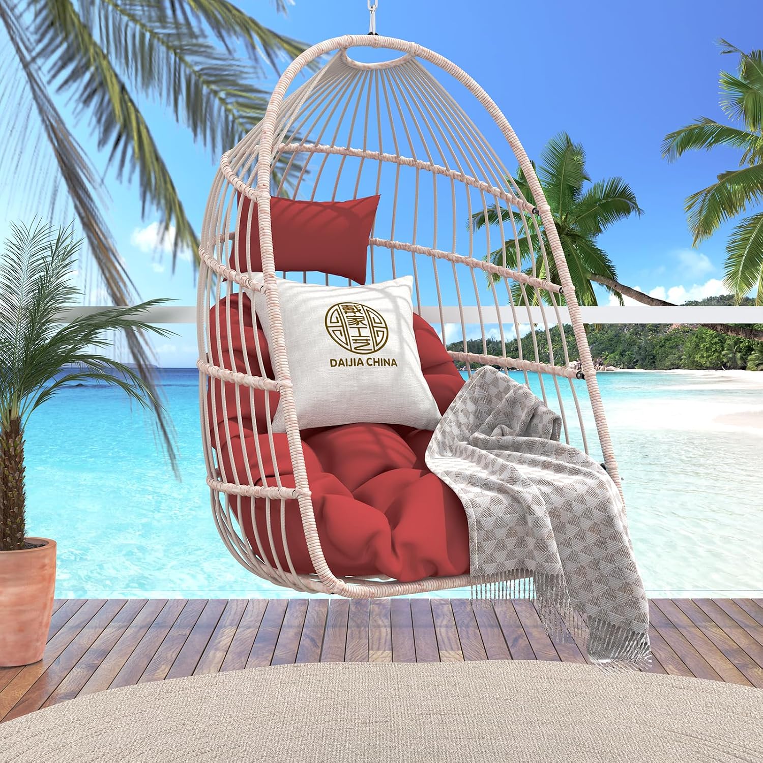 Hanging Egg Chair with Pillow, HDPE Rattan Foldable Swing Chair with Aluminum Frame & UV Resistant Cushion, Hammock Egg Basket Without Stand for Indoor Outdoor, 350Lbs Capacity (Red Cushion)