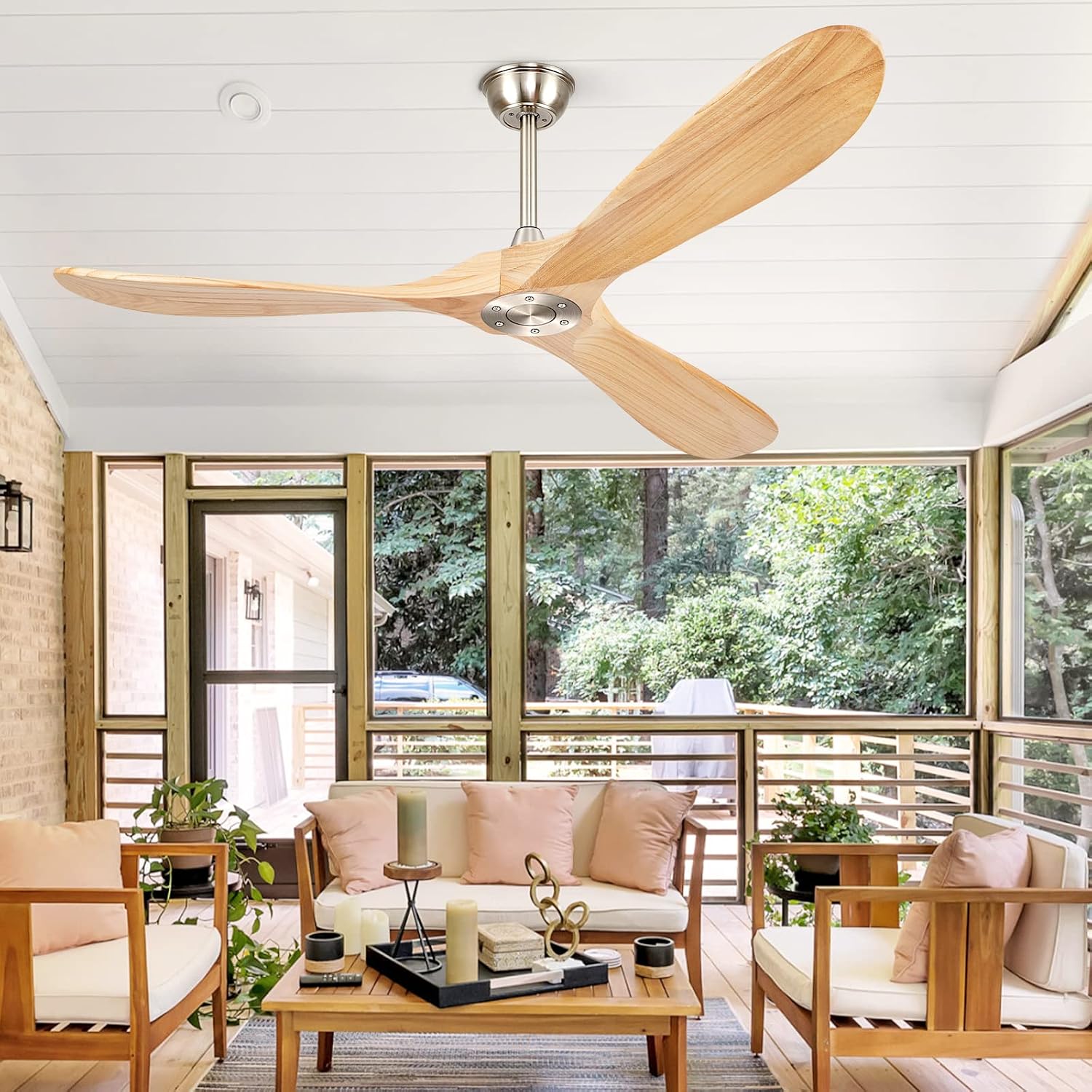52' Ceiling Fans Without Lights, Solid Wood Ceiling Fan with Remote Control No Light, Modern Ceiling Fan with 3 Blades, Indoor Outdoor Ceiling Fans for Patios, Gazebo(Nature Wood)