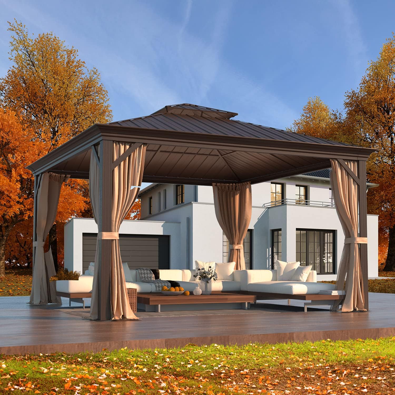 EROMMY 12' x 12' Gazebo Hardtop Double Roof Galvanized Steel Gazebos with Netting and Curtains Outdoor Aluminum Frame Permanent Metal Pavilion for Patio Backyard Deck and Lawns