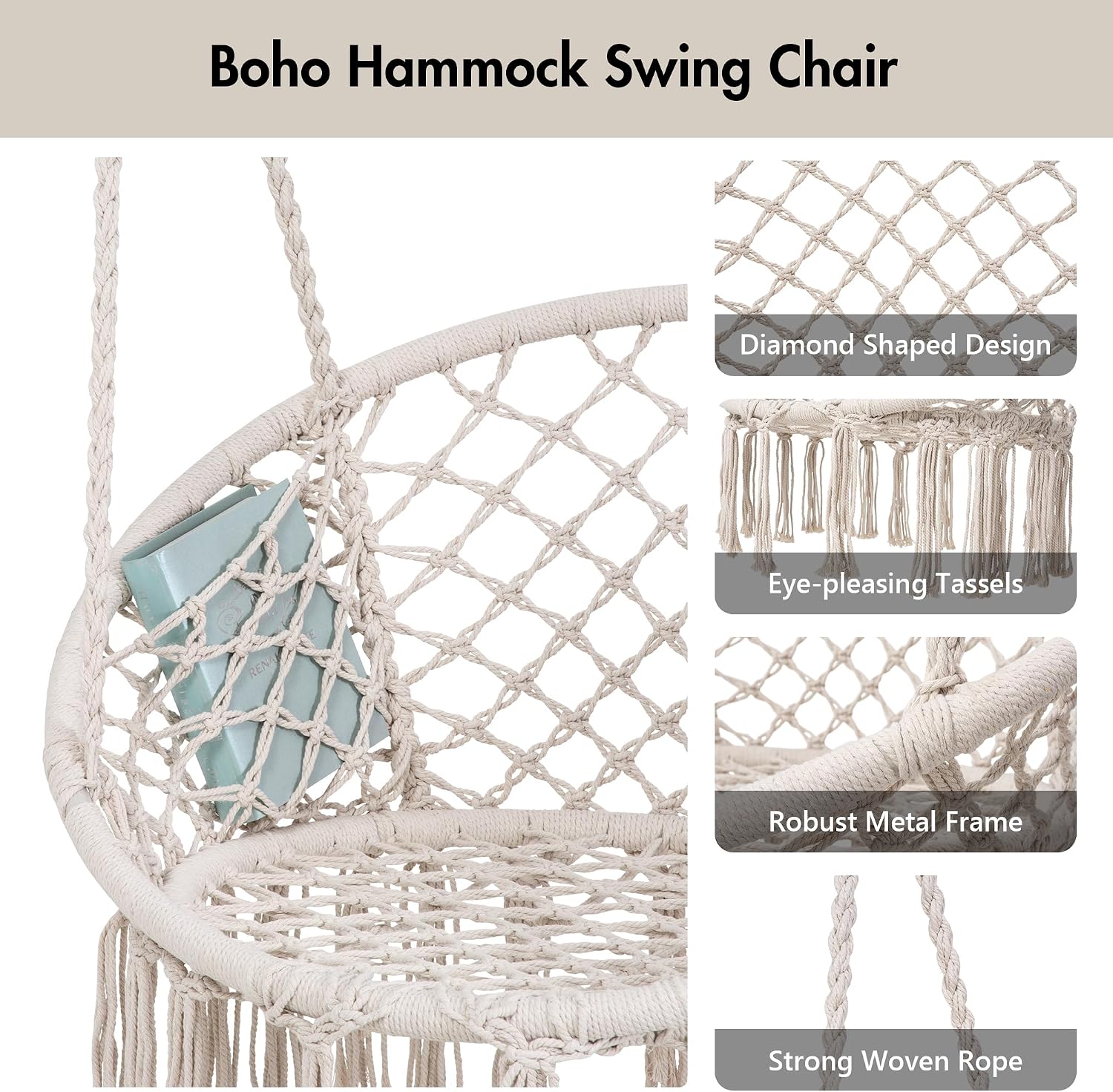 ANOW Macrame Hammock Chair with Stand for Outside, Heavy Duty Hanging Chair Stand with Swing Chair, Includes Seat Cushion, Max 400 Lbs, Natural