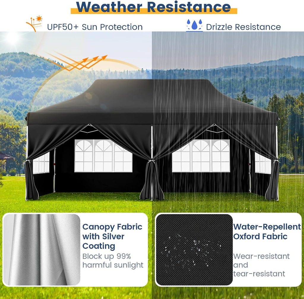 HAPPYGRILL 10x20FT Pop-up Canopy with Detachable Sidewalls, Instant Canopy Tent with Carrying Bag, UPF50+ Sun Protection, Easy Setup Gazebo for Outdoor Party Wedding, Black