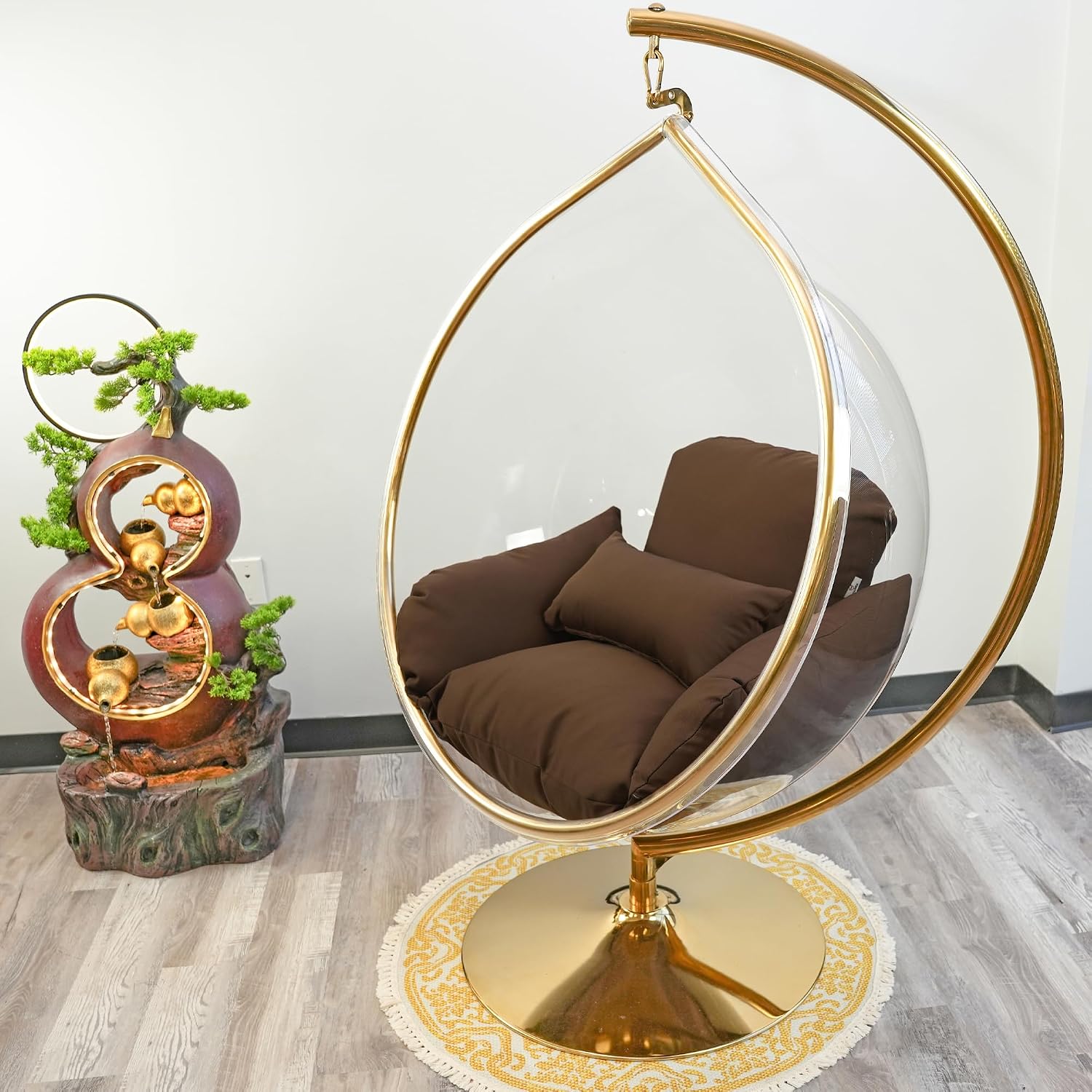 Hanging Chair - Transparent Acrylic Bubble, Waterdrop Shape, Indoor Swing Chair with Gold/Chrome Stand, Durable Fabric Cushion - Luxury Accent for Living Room, Bedroom (Gold/DarkCoffee)