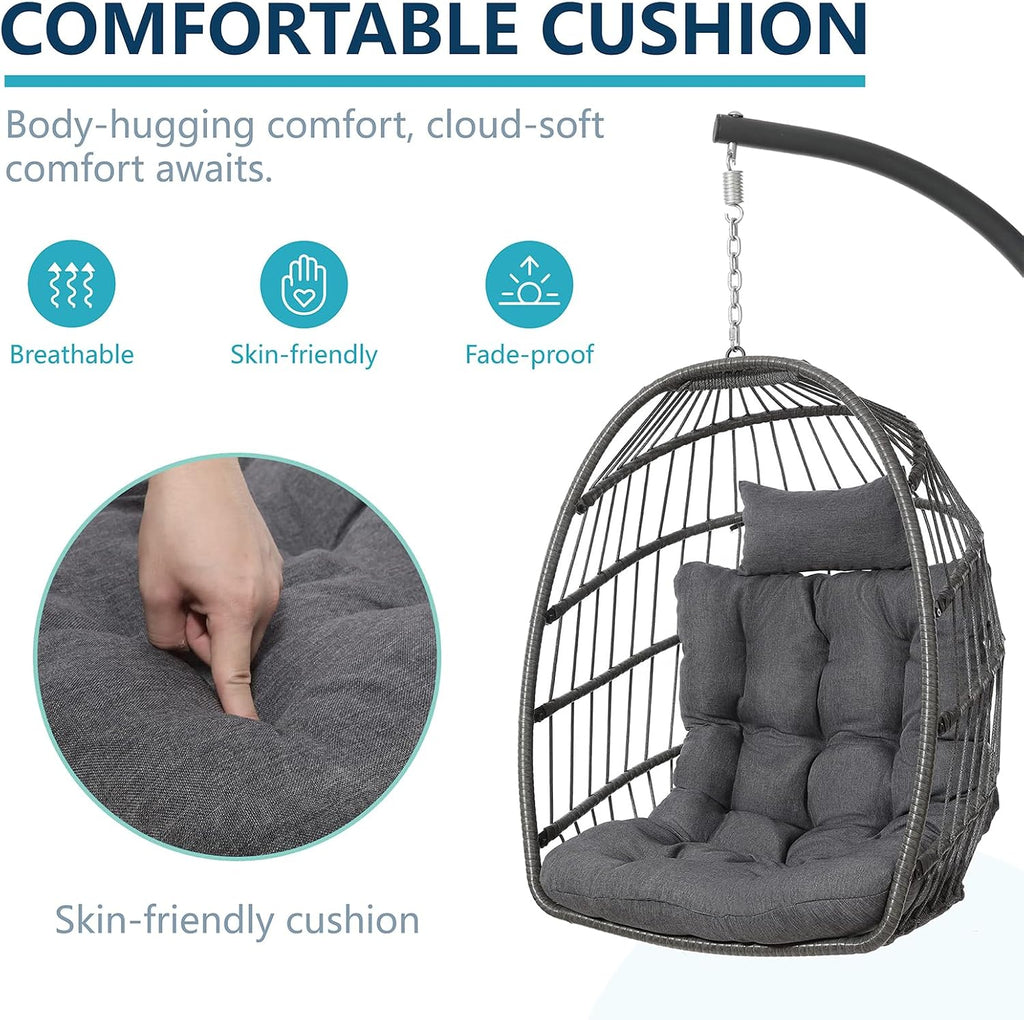 LEYCAY Hanging Egg Chair with Stand, Outdoor Indoor Swing Egg Chair with Cushion, Wicker Hammock for Patio, Bedroom 350 LBS Capacity-Dark Grey