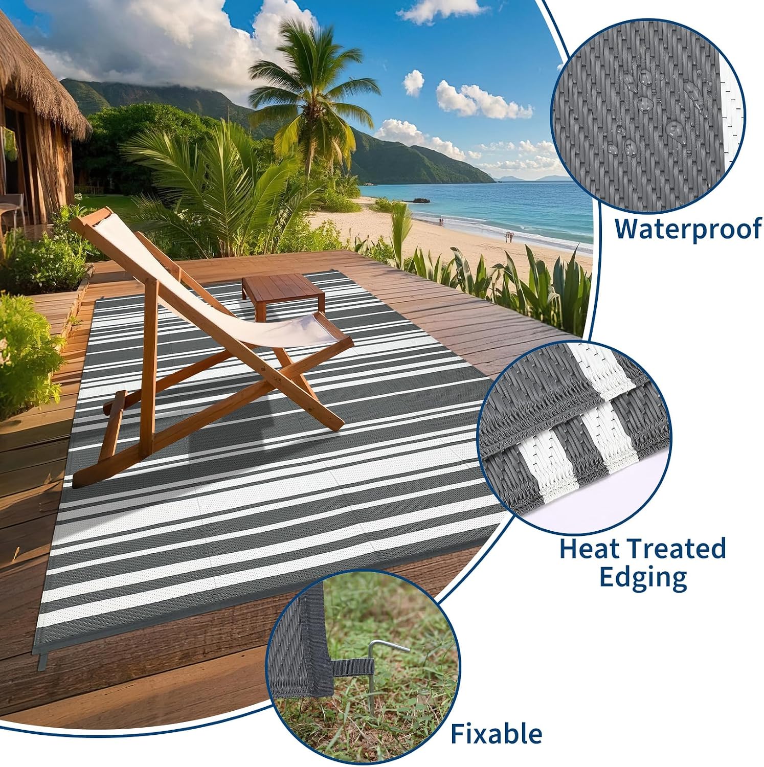 Garvee Outdoor Rug 9 ft x 18 ft Waterproof Plastic Straw Patio Rug, Outdoor Large Area Rug Mats for Camper Indoor Outdoor Carpet for Rv Deck Porch Picnic Beach Balcony (Grey)