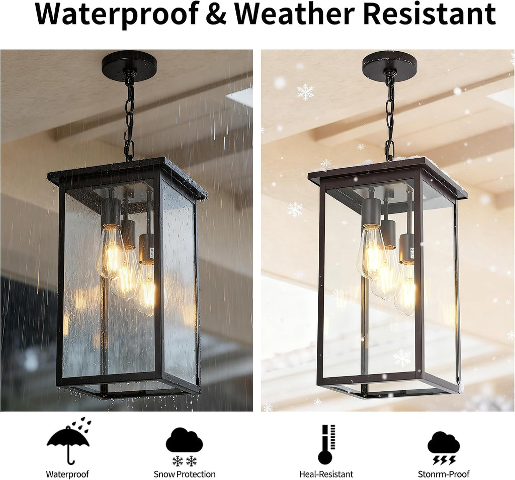 3-Light Outdoor Indoor Chandeliers,Oil Rubbed Bronze Pendant Light with Clear Glass Shade,Exterior Hanging Lantern for Front Porch Entrance Foyer Entryway (Bulb Not Included)