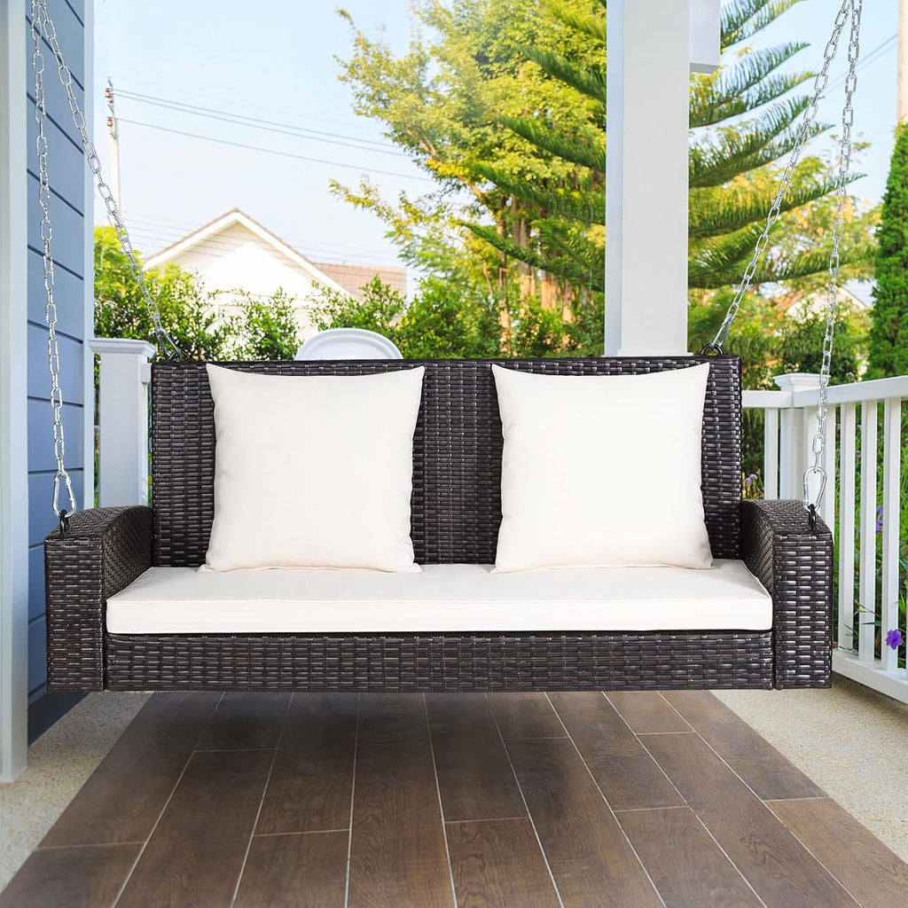 Tangkula 2-Person Wicker Porch Swing, Patiojoy Outdoor Rattan Hanging Swing Bench W/ 2 Back Cushions & 1 Seat Cushion, Sturdy Steel Chain, 800lbs Weight Capacity