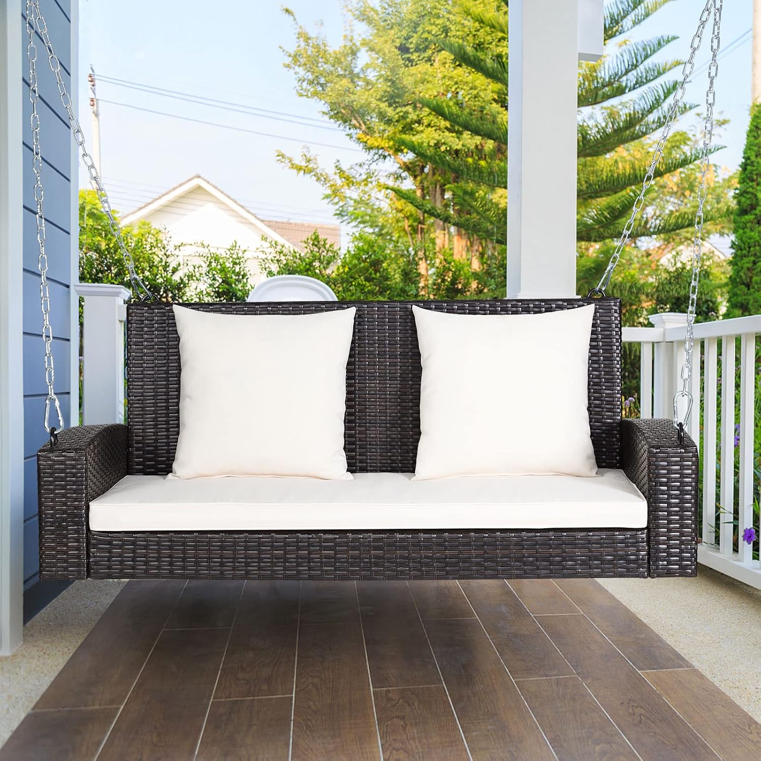 Tangkula 2-Person Wicker Porch Swing, Patiojoy Outdoor Rattan Hanging Swing Bench W/ 2 Back Cushions & 1 Seat Cushion, Sturdy Steel Chain, 800lbs Weight Capacity