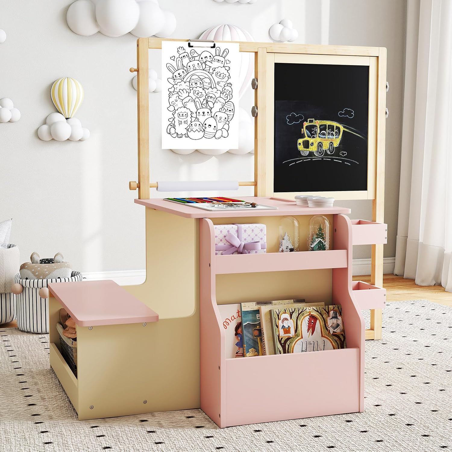 Costzon Easel for Kids, Wooden Art Center with Double-Sided Blackboard & Whiteboard, Paper Roll for Drawing, Crafts, Writing, Toddler Activity Table with Storage, Kids Table and Chair Set (Pink)