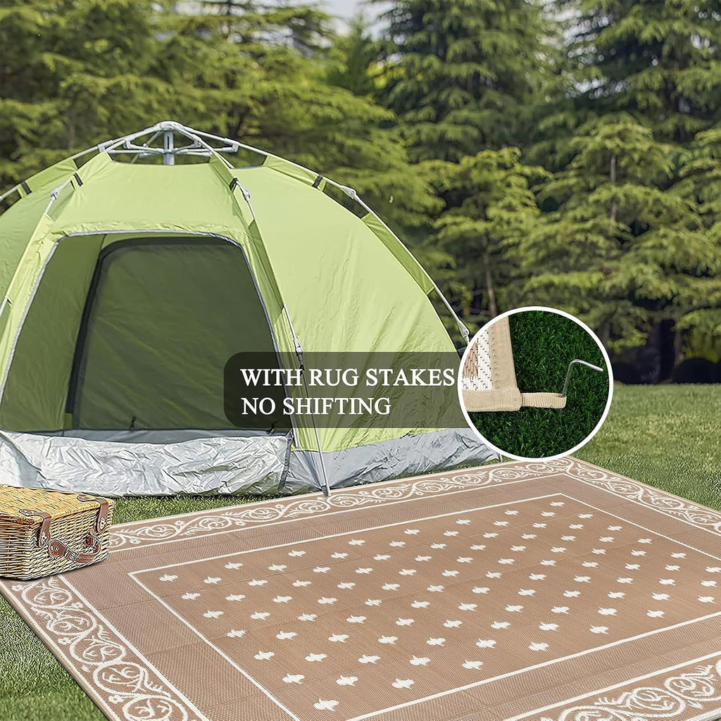 Pauwer Waterproof Outdoor Rug 10x14, Reversible Plastic Straw Patio Camping Rug, Indoor Outdoor RV Mat Carpet for Deck, Camper, Porch, Balcony, Picnic, Bordered Beige
