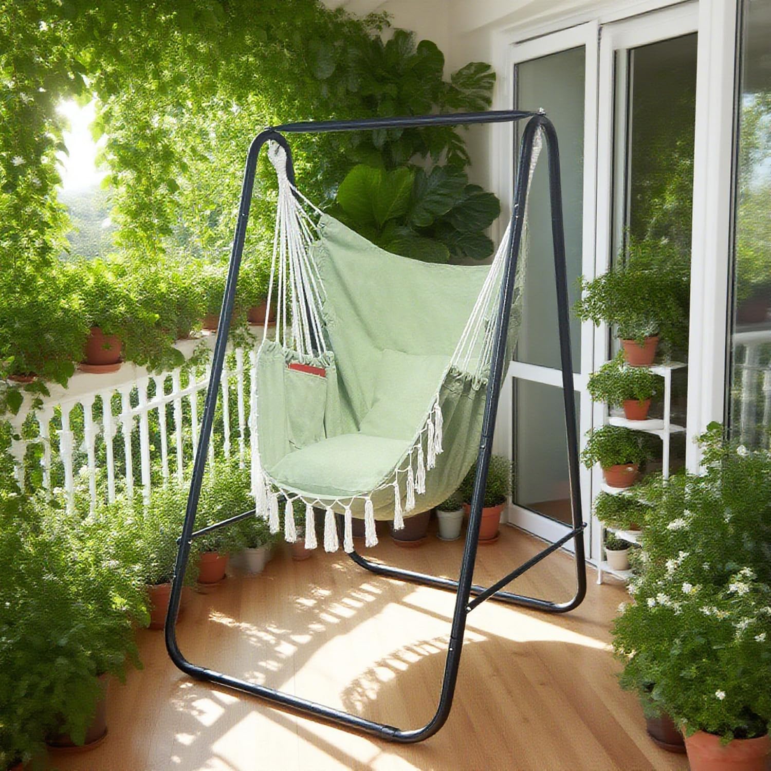 Hammock Chair with Stand,Heavy-Duty Hammock Stand with Large Indoor Swing,MAX Load 500 LBS,Hanging Chair with Stand for Indoor Outdoor,Swing Chair with 2 Cushions Included(Green)