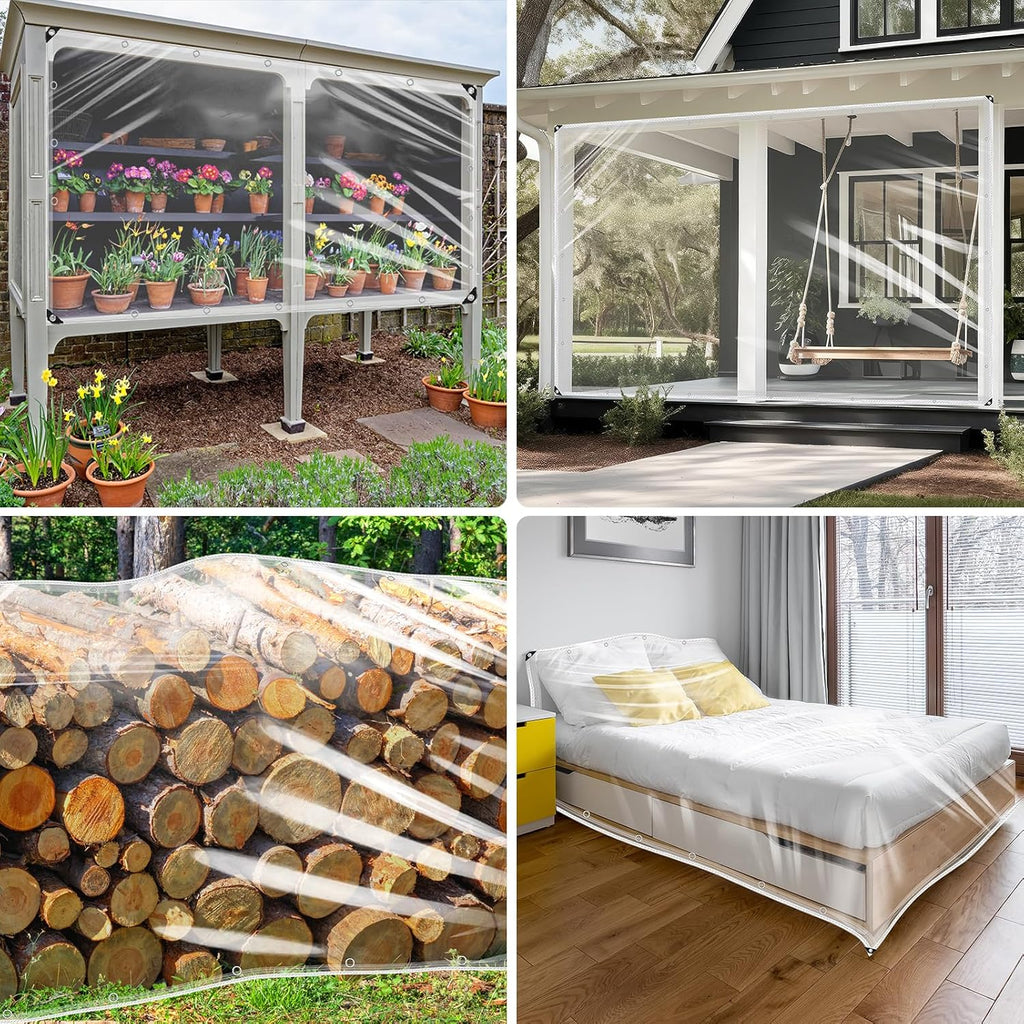 20Mil Clear tarps with Grommets, 10'x16' PVC Plastic Transparent Tarpaulin with Reinforced Edge for Home Garden, Camping, Chicken Coops Cover, Outdoor Clear Vinyl Tarps Heavy Duty Waterproof