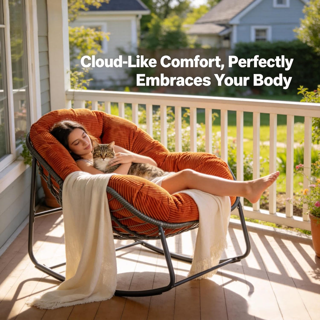 YDcosyfy Oversized Outdoor Papasan Rocking Chair Set of 2 with Soft Cushion, Comfy Patio Egg Chair, Wicker Lounge Rocker for Balcony/Porch/Garden, Reinforced All Weather Rattan Frame, Burnt Orange
