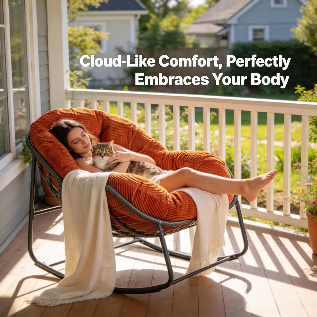 Oversized Outdoor Papasan Rocking Chair with Soft Cushion, Comfy Patio Egg Chair, Wicker Lounge Rocker for Balcony/Porch/Garden, Reinforced All Weather Rattan Frame, 330 lbs Support, Burnt Orange