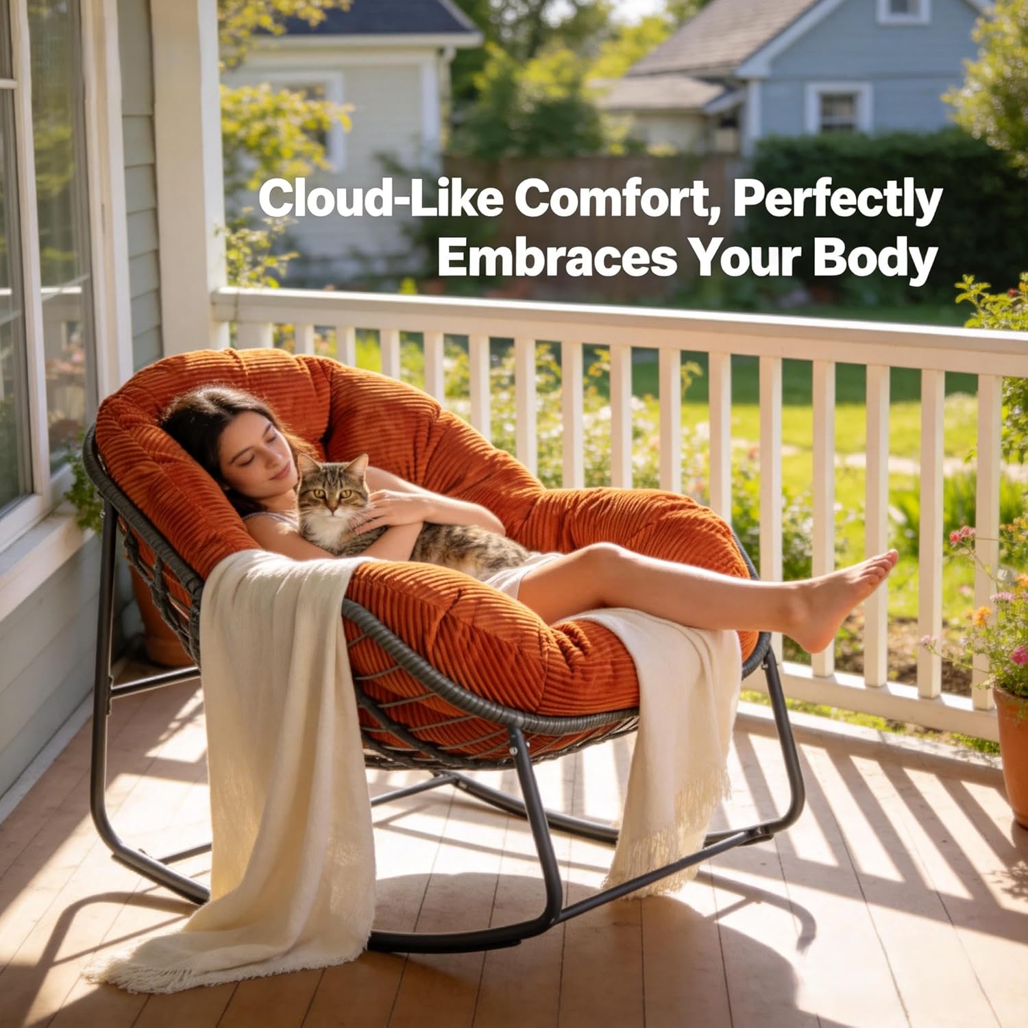 Oversized Outdoor Papasan Rocking Chair with Soft Cushion, Comfy Patio Egg Chair, Wicker Lounge Rocker for Balcony/Porch/Garden, Reinforced All Weather Rattan Frame, 330 lbs Support, Burnt Orange