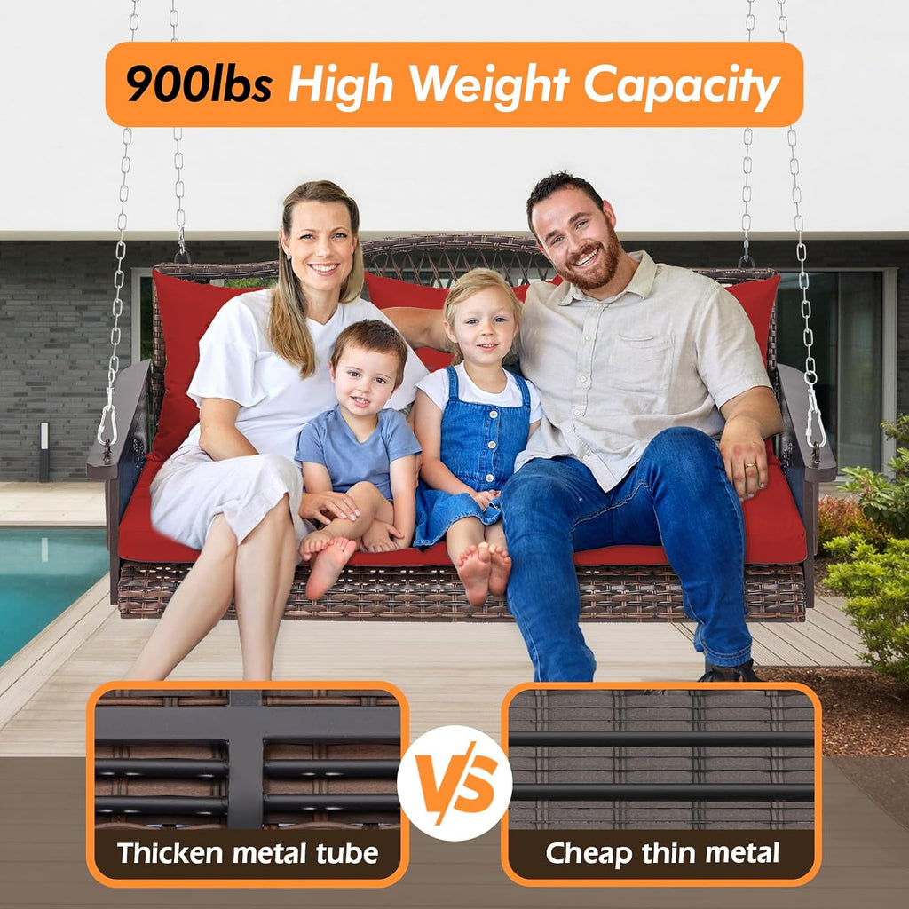 ZZW Upgraded Wicker Hanging Porch Swing Heavy Duty 900 LBS 3-Seat Outdoor Patio Swing Chair Bench for Adult w/ 8.9ft Hanging Chains Cushions and Cup Holder