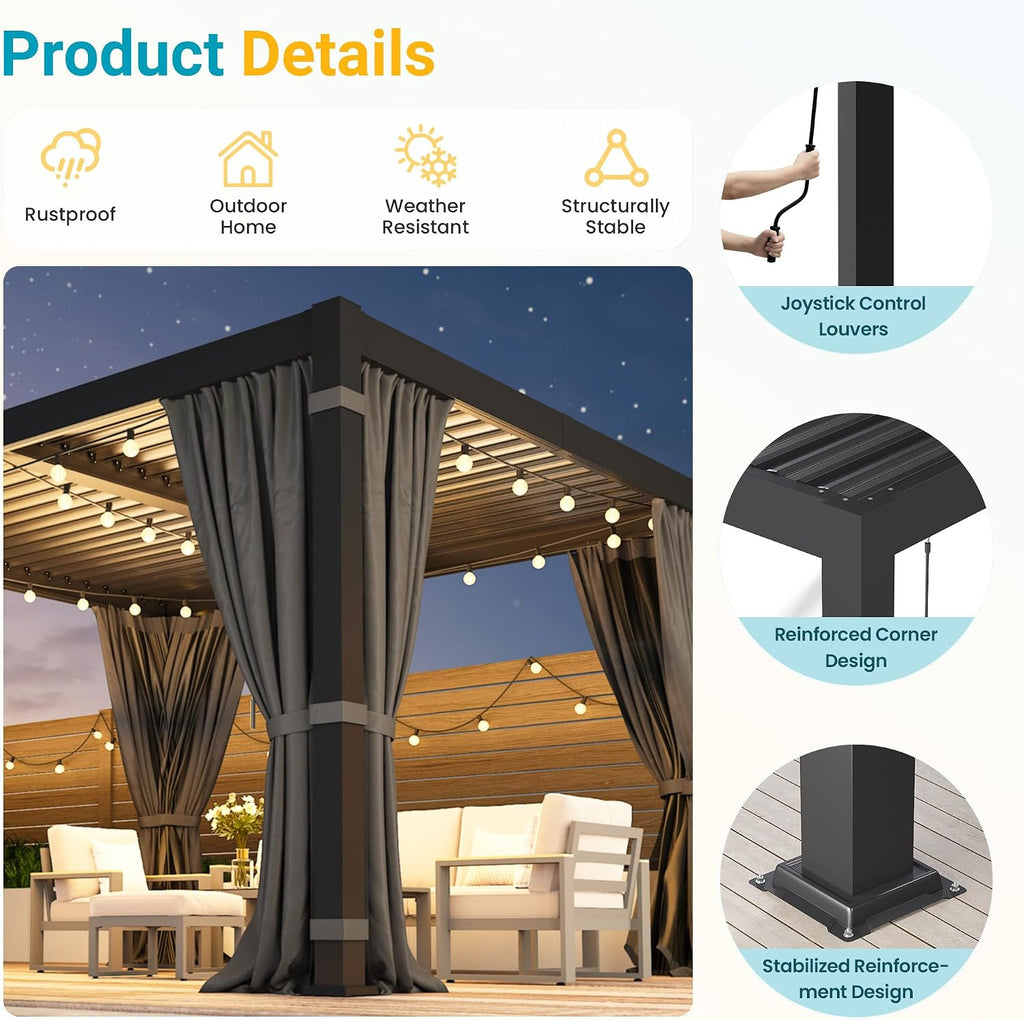 10' x 12' Louvered Pergola, Outdoor Pergola with Curtains & Netting, Metal Patio Pergola with Adjustable Louvers Roof and Gutter System, Metal Hardtop Gazebo for Patio, Deck, Garden, Yard, Dark Gray