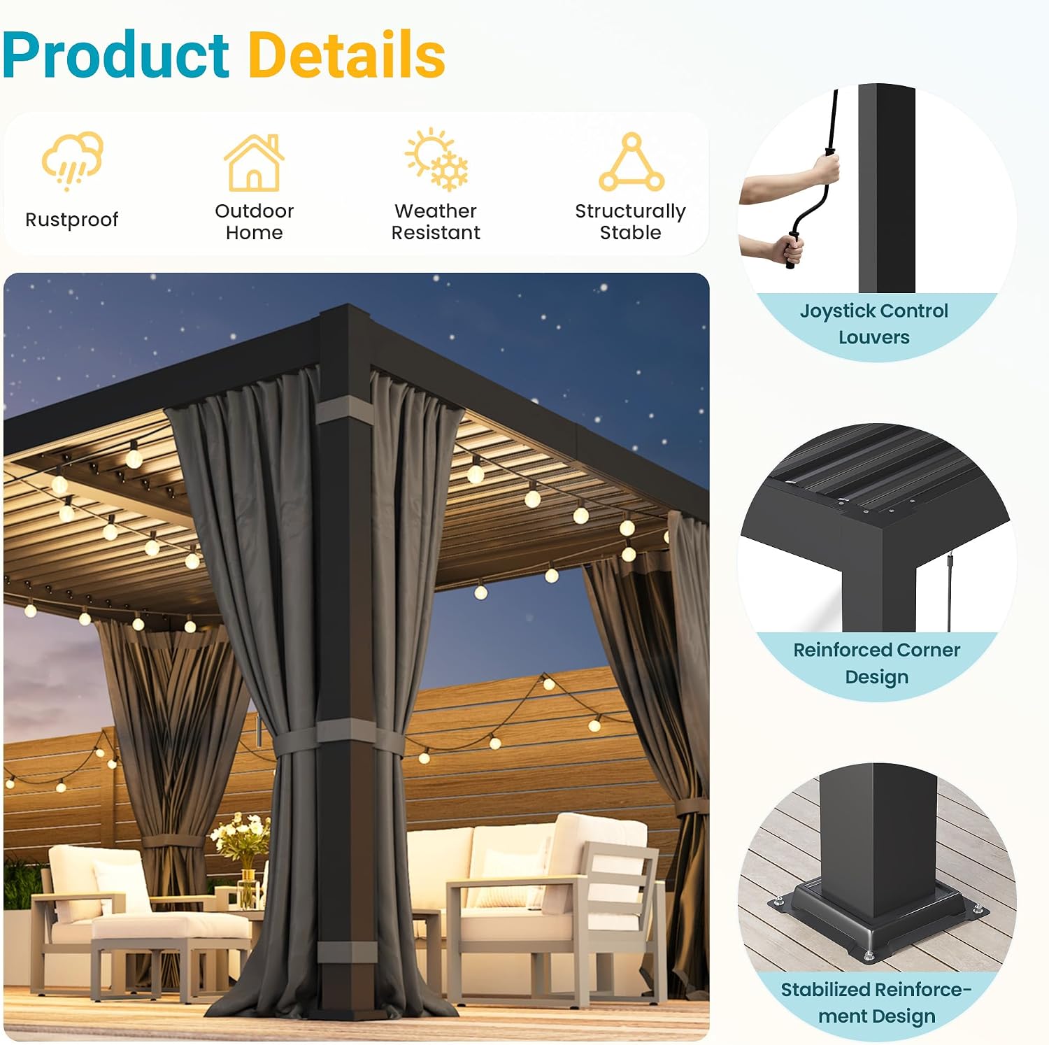 10' x 12' Louvered Pergola, Outdoor Pergola with Curtains & Netting, Metal Patio Pergola with Adjustable Louvers Roof and Gutter System, Metal Hardtop Gazebo for Patio, Deck, Garden, Yard, Dark Gray