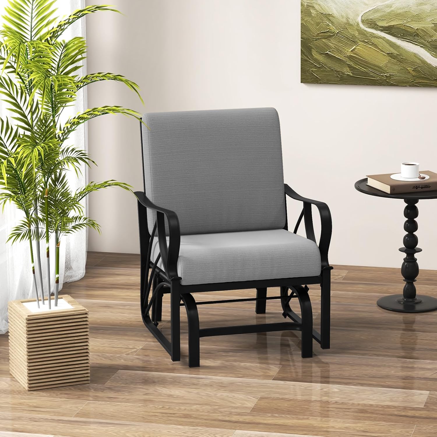 Giantex Outdoor Glider, Patio Rocking Chair with Thick Cushion, Sturdy Metal Frame, Curved Armrest, Ergonomic Design, Single-Person Glider Chair for Garden, Yard, Porch Rocker, Grey