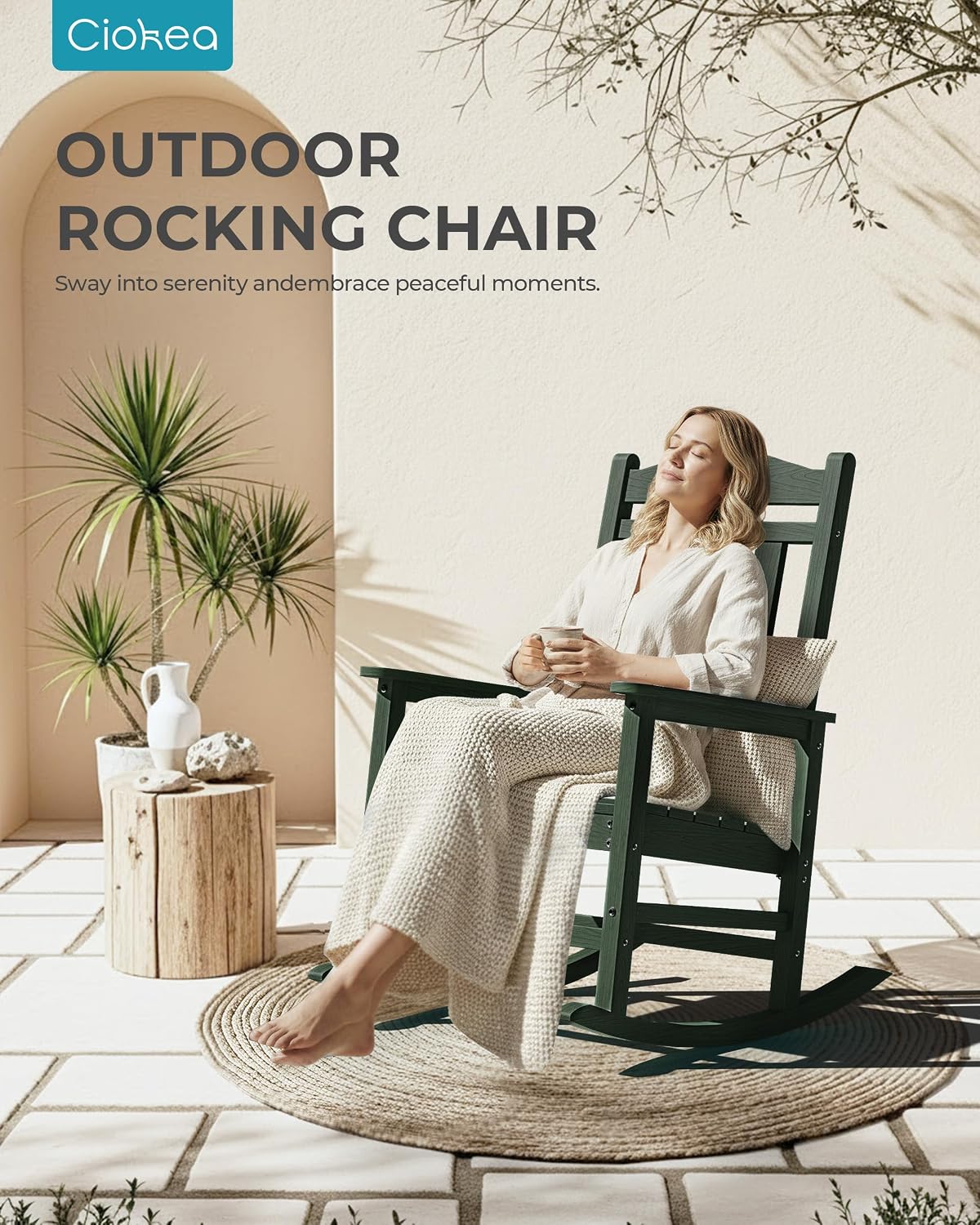 Ciokea Oversized Outdoor Rocking Chair, 380lbs Heavy-Duty Large Patio Rocker, Weather Resistant & Anti-Fade Porch Chair, High Back Cozy Rocking Chair for Outside, Fire Pit, Deck, Garden,Forest